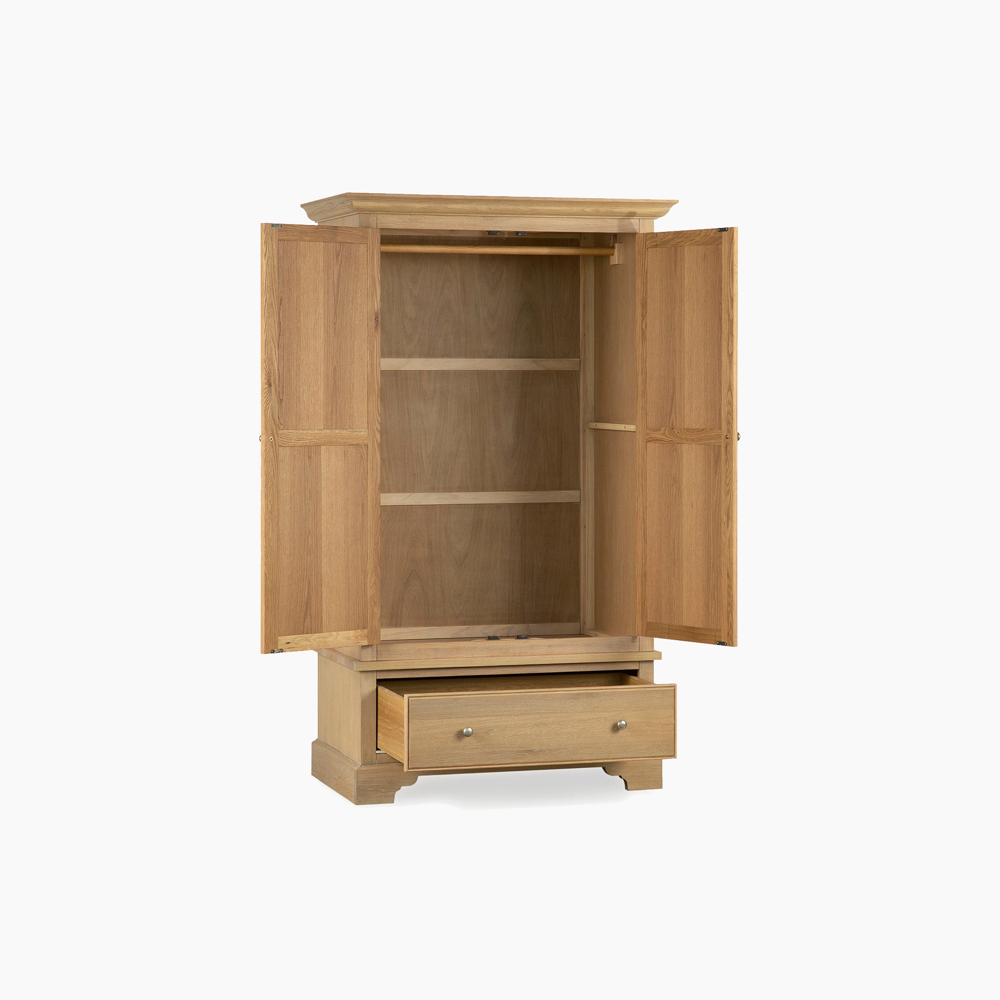 The Amberley Double Wardrobe in Light Oak features two open doors, two interior shelves, and a bottom drawer pulled out—perfect to complete your solid oak bedroom furniture collection.