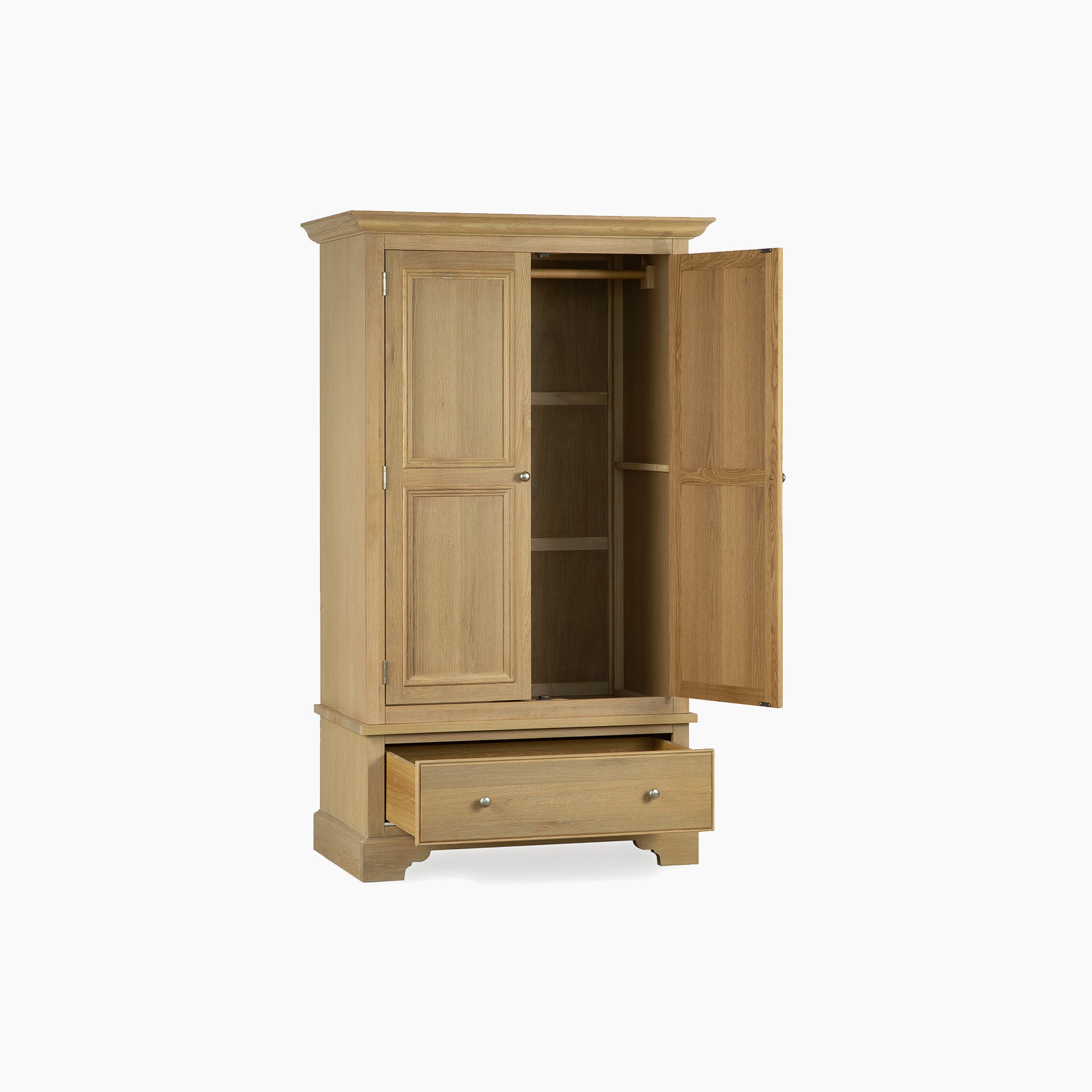 The Amberley Double Wardrobe in Light Oak features open double doors and an open bottom drawer with interior shelves—an elegant choice for any solid oak bedroom furniture set.