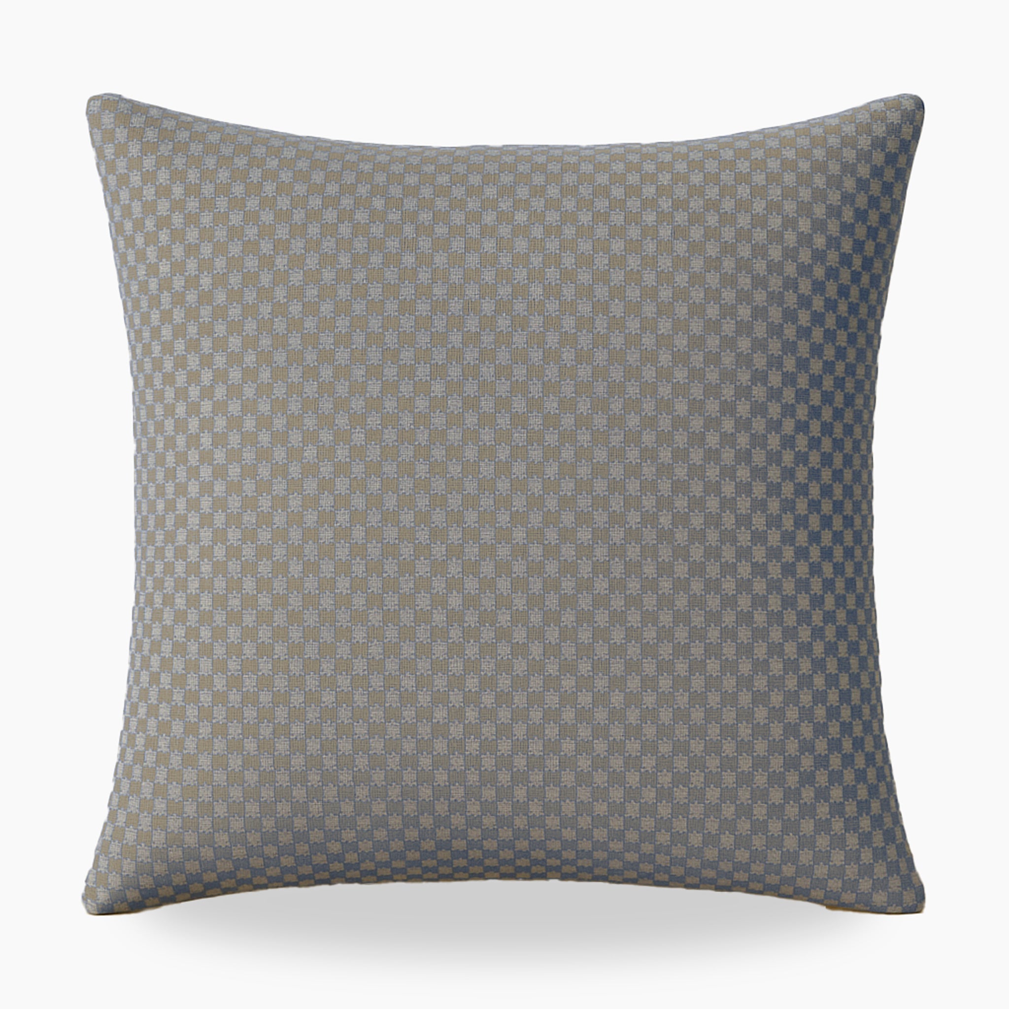 The Agora Senda Taupe Medium Scatter Cushion (45cm x 45cm) features a subtle light brown and gray check pattern on white, crafted from durable solution-dyed acrylic for stylish comfort outdoors.