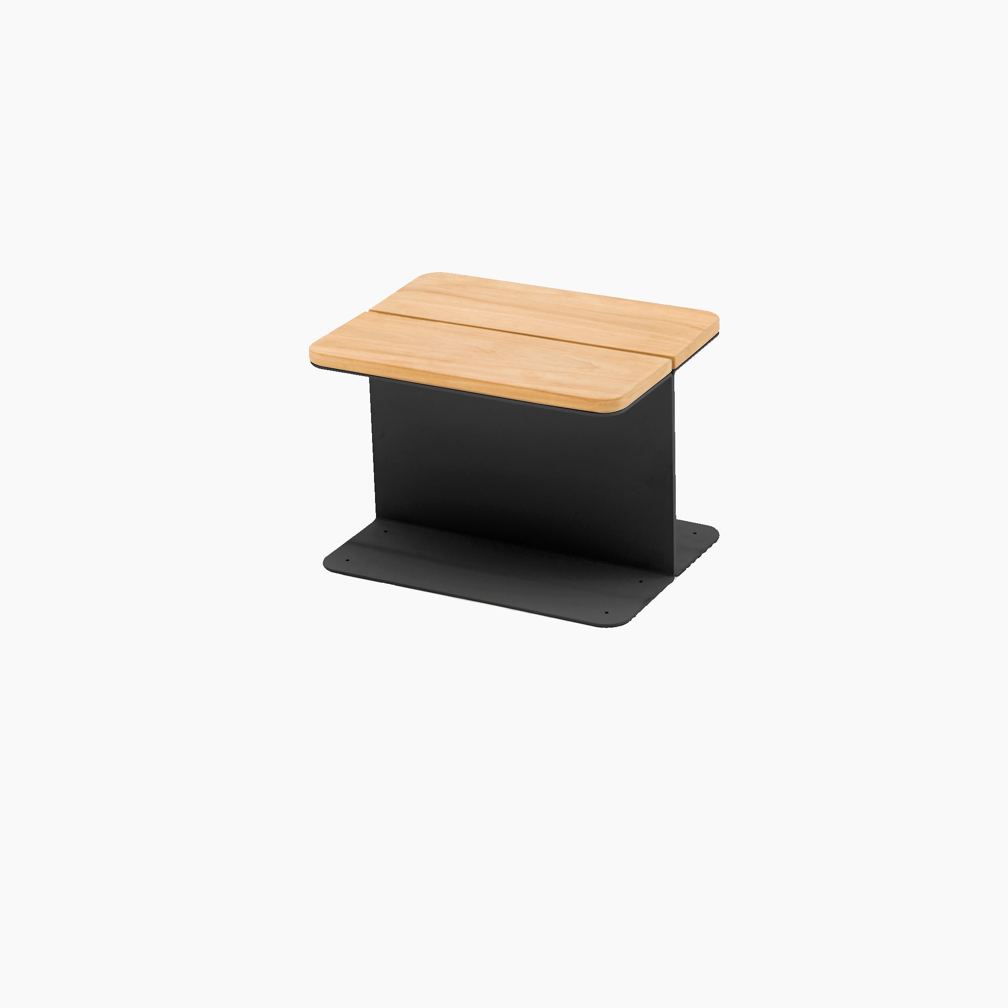 The Hatia Teak Side Table in Charcoal features a modern teak wood top and a sleek black metal base, making it perfect for complementing outdoor seating arrangements.