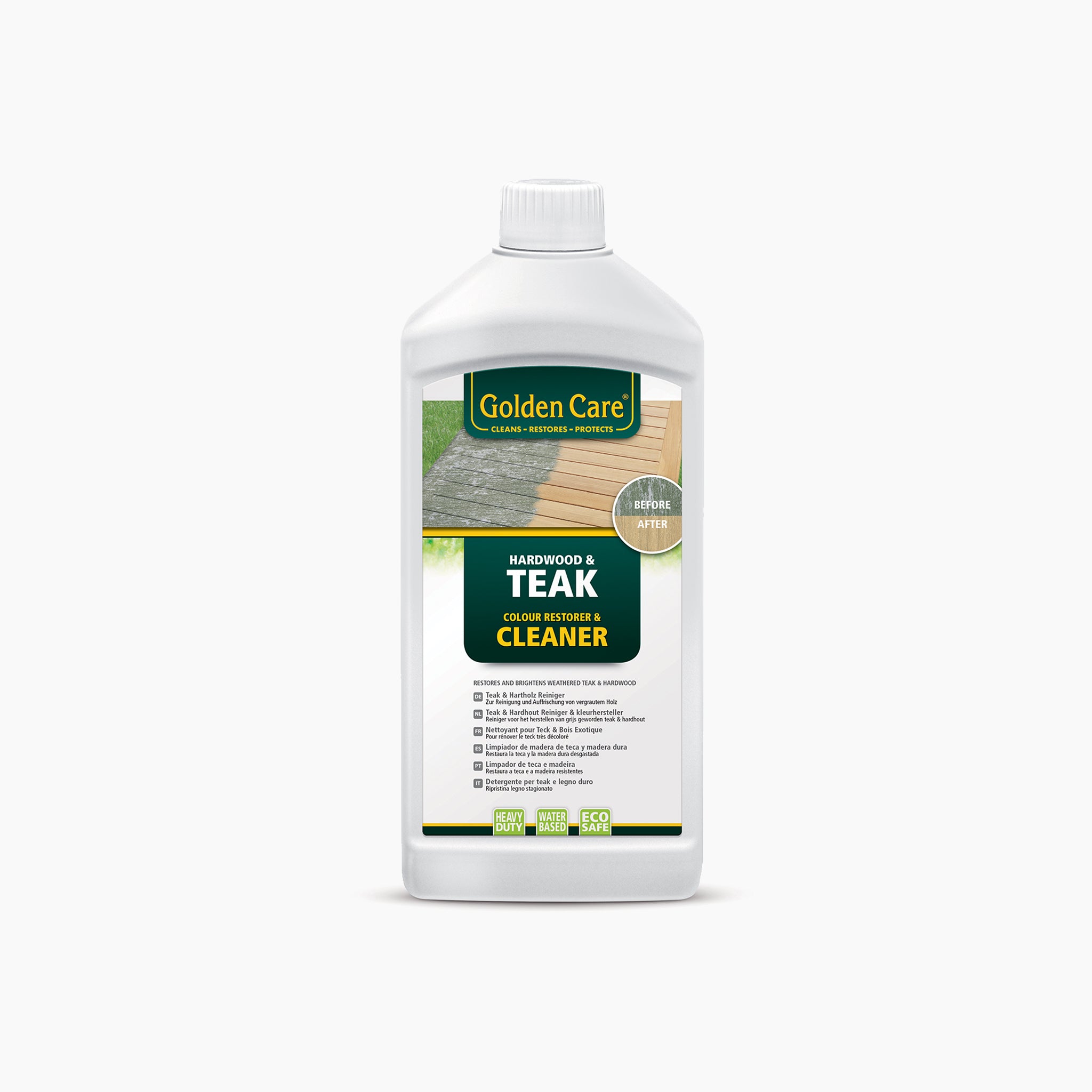 1 Litre bottle of Golden Care Teak and Hardwood Cleaner; has a green label featuring a deck image that highlights wood grain, set against a white background.