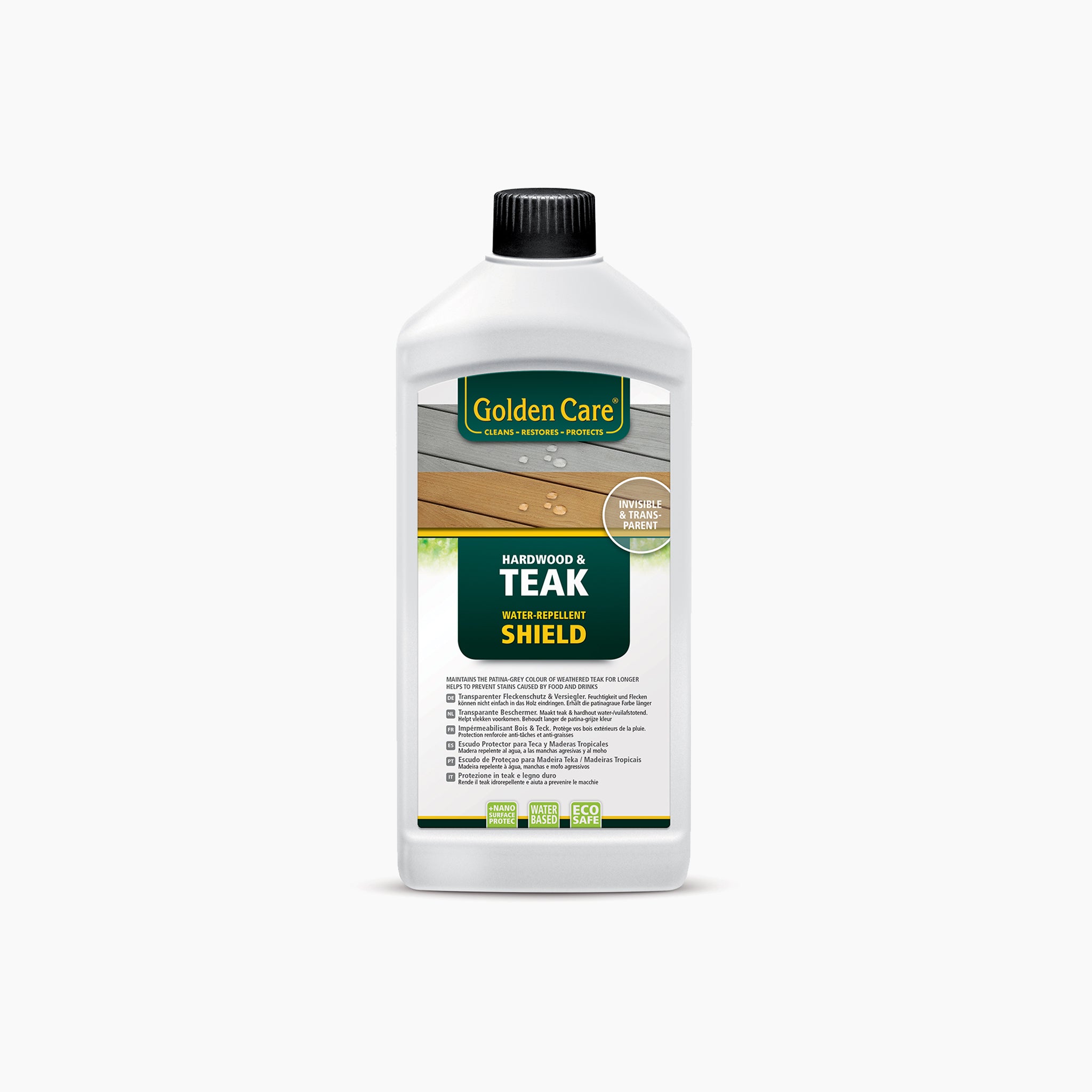 Golden Care Teak Shield (1 Litre) bottle features a black cap on a white background, formulated with synthetic polymers to preserve the silver-gray patina of teak wood furniture, enhancing its beauty and durability.