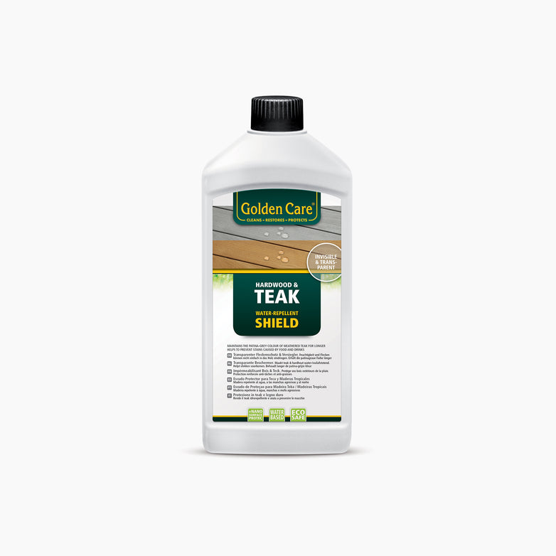 Golden Care Teak Shield (1 Litre) bottle features a black cap on a white background, formulated with synthetic polymers to preserve the silver-gray patina of teak wood furniture, enhancing its beauty and durability.