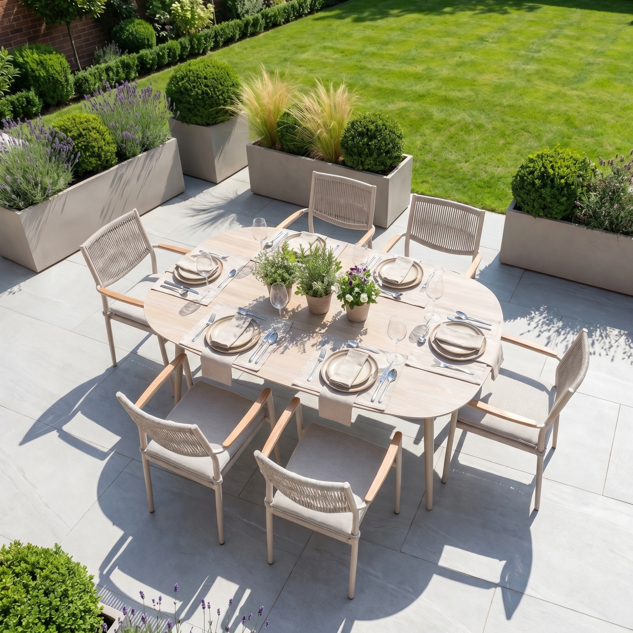 The Tellaro 6 Seat Oval Dining Set in Latte features a sleek design perfect for the patio, seating six comfortably and complementing lush green garden plants.
