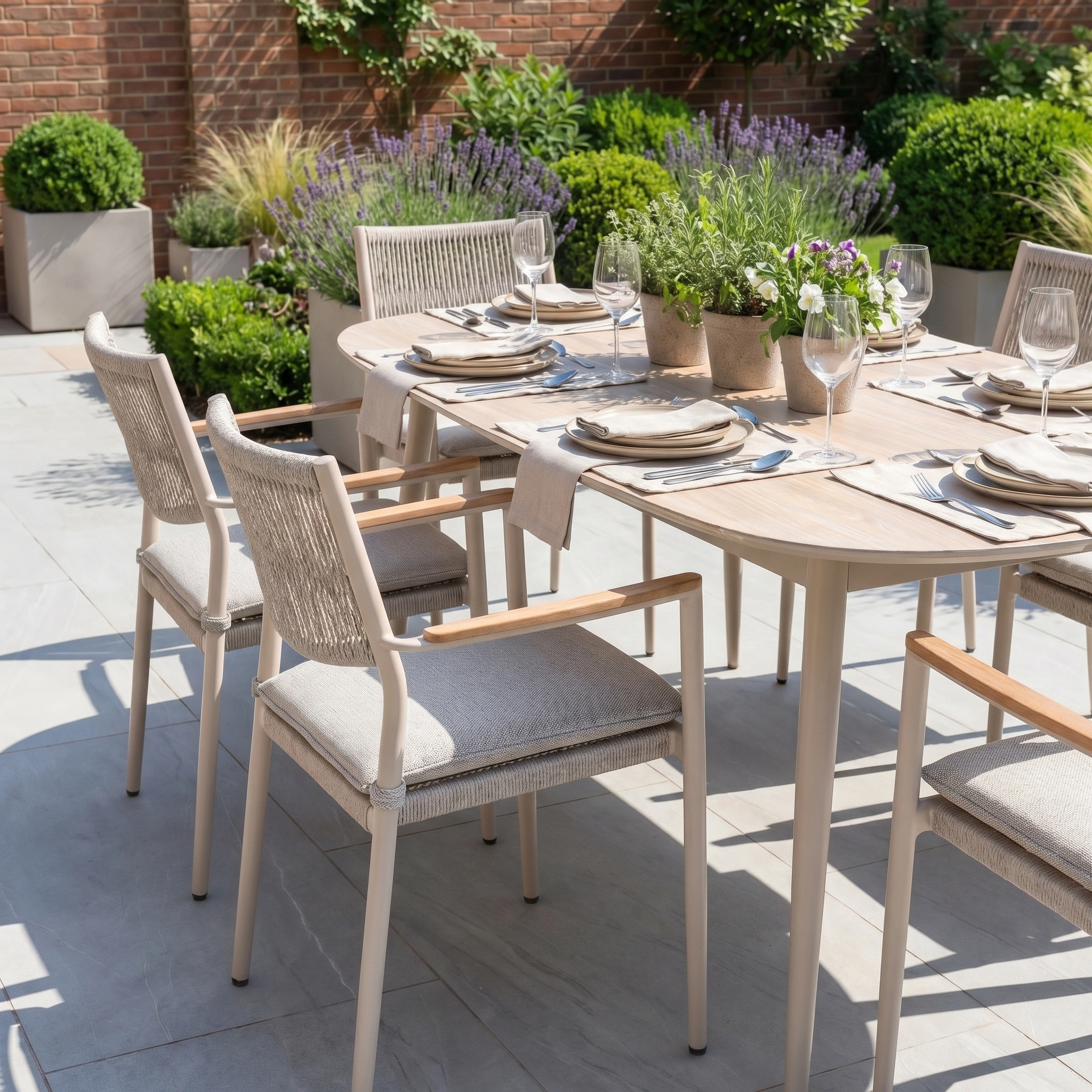 The Tellaro 6 Seat Oval Dining Set in Latte features a sintered stone table and stackable chairs, set outdoors with wine glasses and plants, surrounded by lush greenery.
