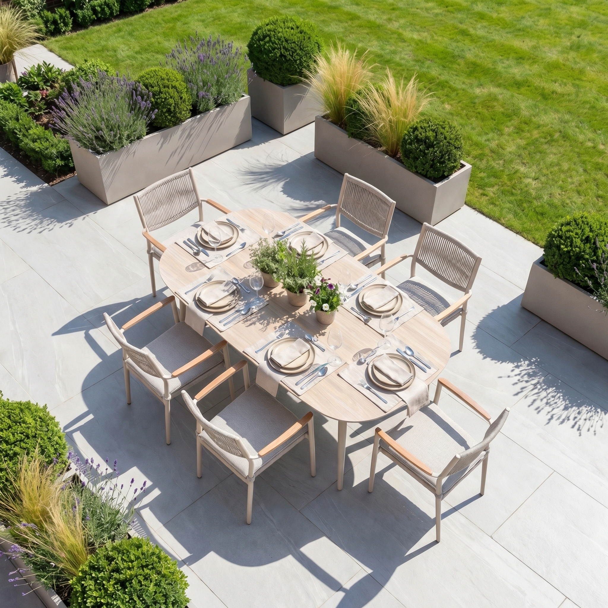 The Tellaro 6 Seat Oval Dining Set in Latte, featuring stackable chairs and a sintered stone table, is set on a sunny day in a landscaped garden surrounded by plants.