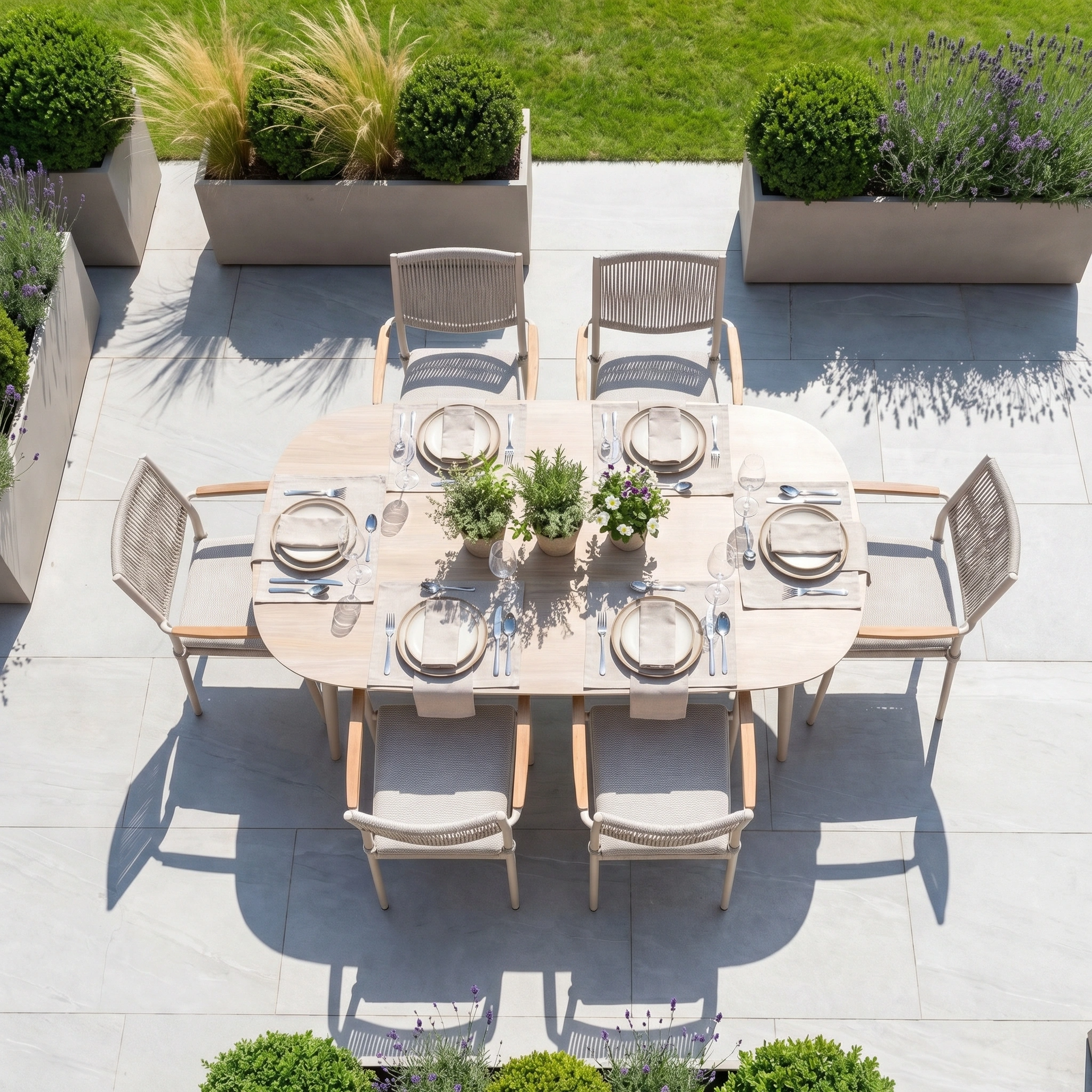 The Tellaro 6 Seat Oval Dining Set in Latte, featuring stackable chairs, is arranged on a patio surrounded by greenery and potted plants.