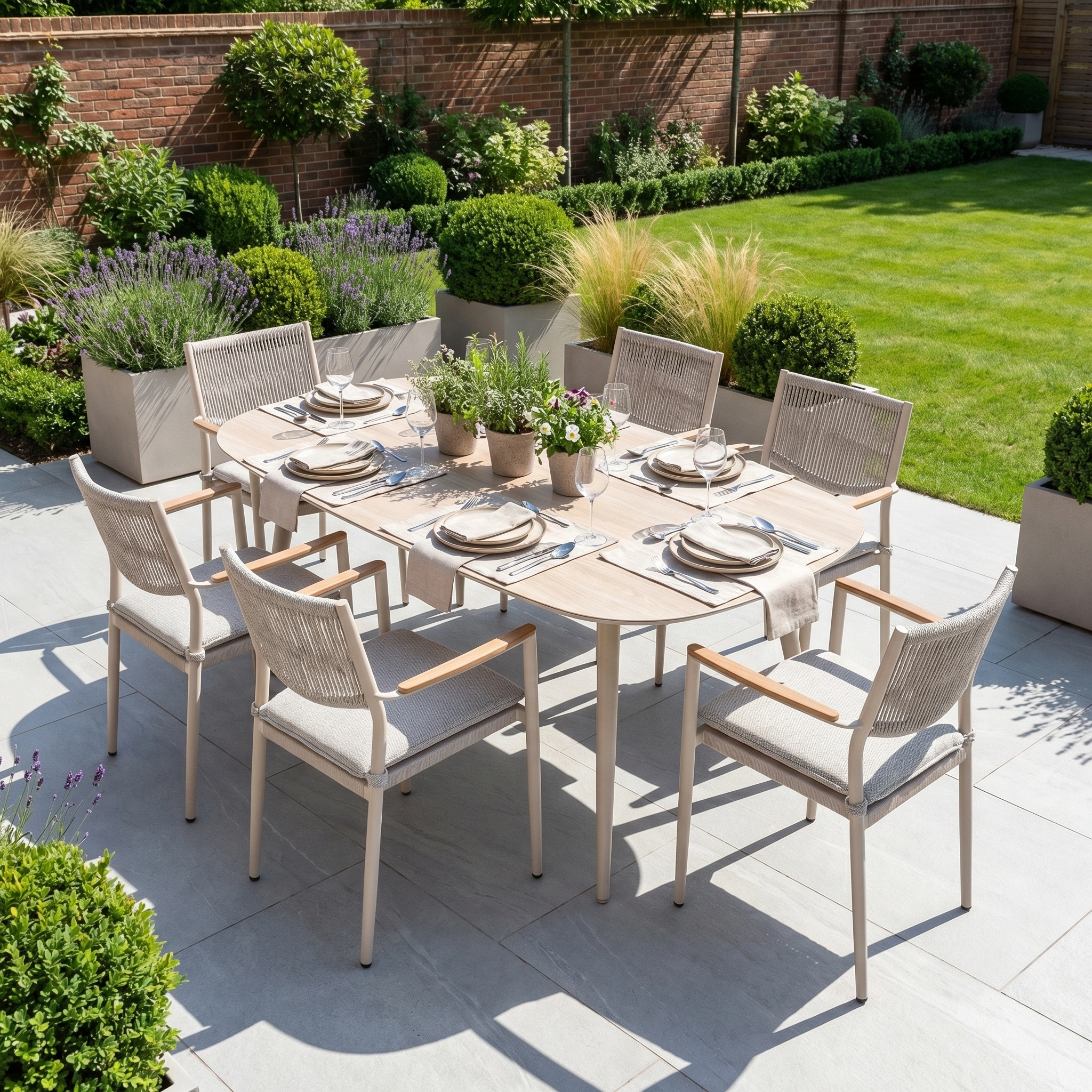 The Tellaro 6 Seat Oval Dining Set in Latte features a sintered stone table and stackable chairs, perfect for outdoor dining for six on a patio surrounded by greenery and potted plants.