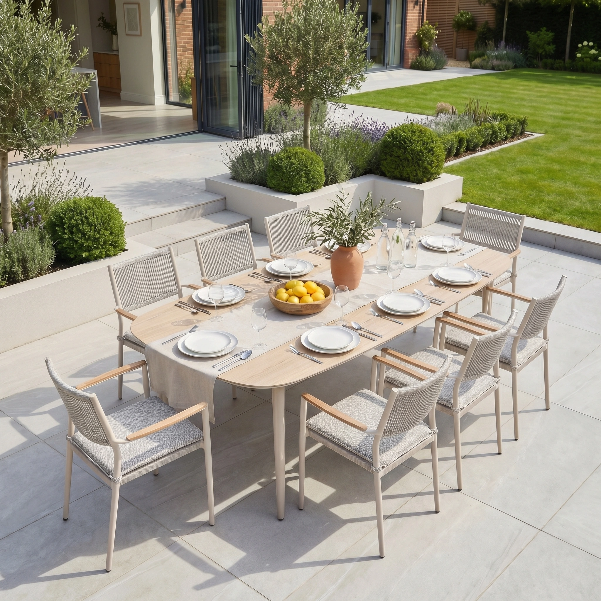 The Tellaro 8 Seat Oval Dining Set in Latte, complete with plates, glasses, and fruit, is perfect for gatherings on a landscaped garden patio. The elegant aluminium and teak design adds modern style to any outdoor space.