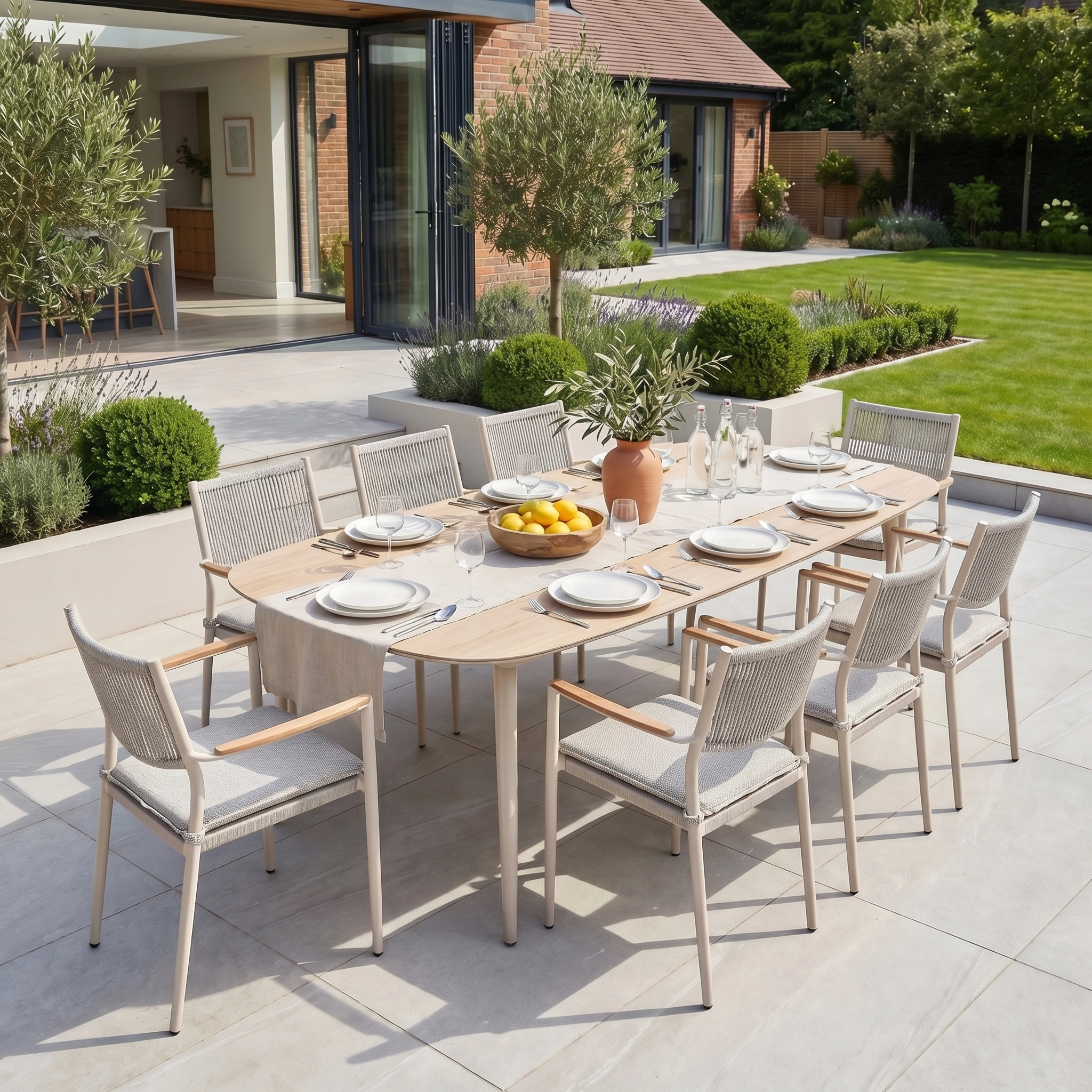 The Tellaro 8 Seat Oval Dining Set in Latte, crafted from modern aluminium and teak, is perfect for outdoor dining on a patio surrounded by a lush garden and lawn.