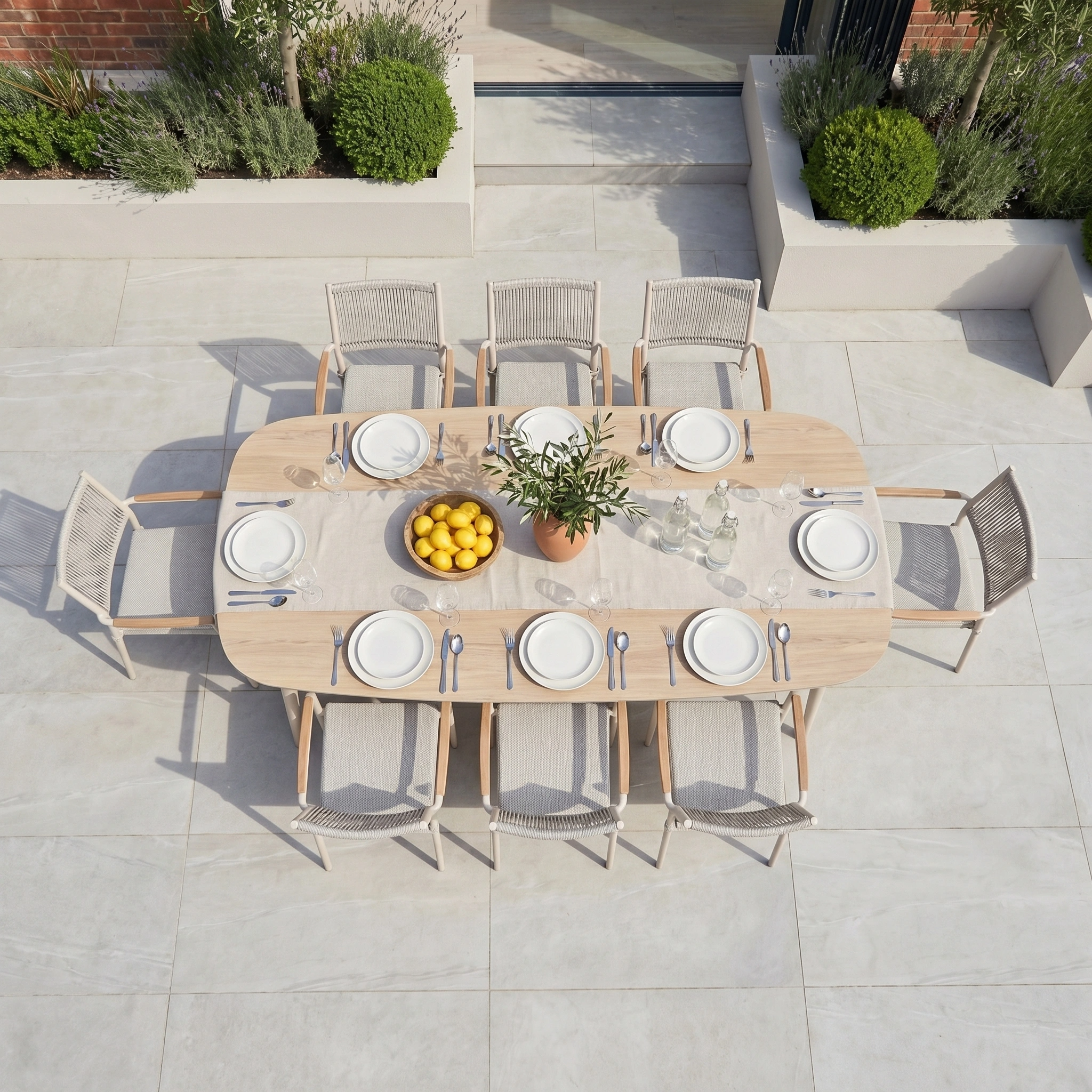 The Tellaro 8 Seat Oval Dining Set in Latte offers an elegant aluminium and teak table with chairs—ideal for stylish outdoor dining and alfresco gatherings.