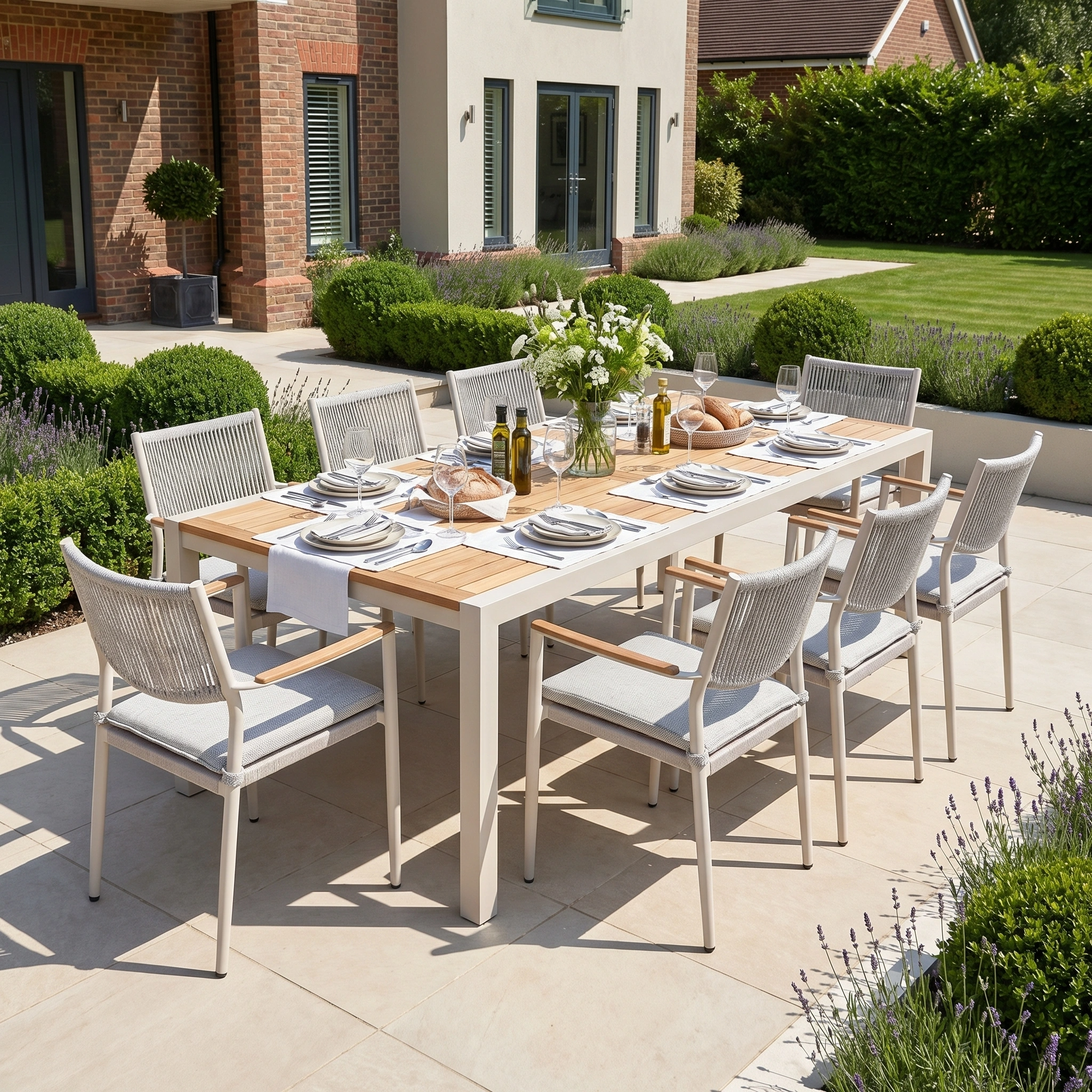 The Tellaro 8 Seat Extending Dining Set with Teak Table in Latte features a sturdy aluminium frame and elegant teak table, set for eight on a sunny patio with plates, glasses, bread, and flowers.