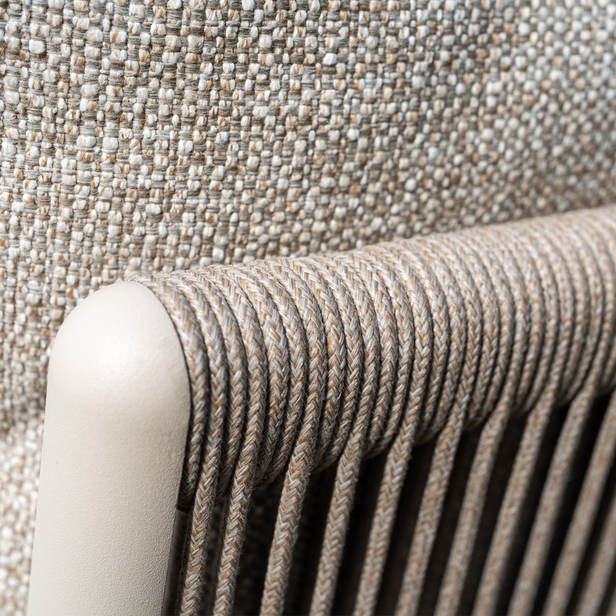 Close-up of Theia 3 Seat Sofa Set in Oatmeal, featuring woven rope detailing and textured fabric upholstery in neutral tones.