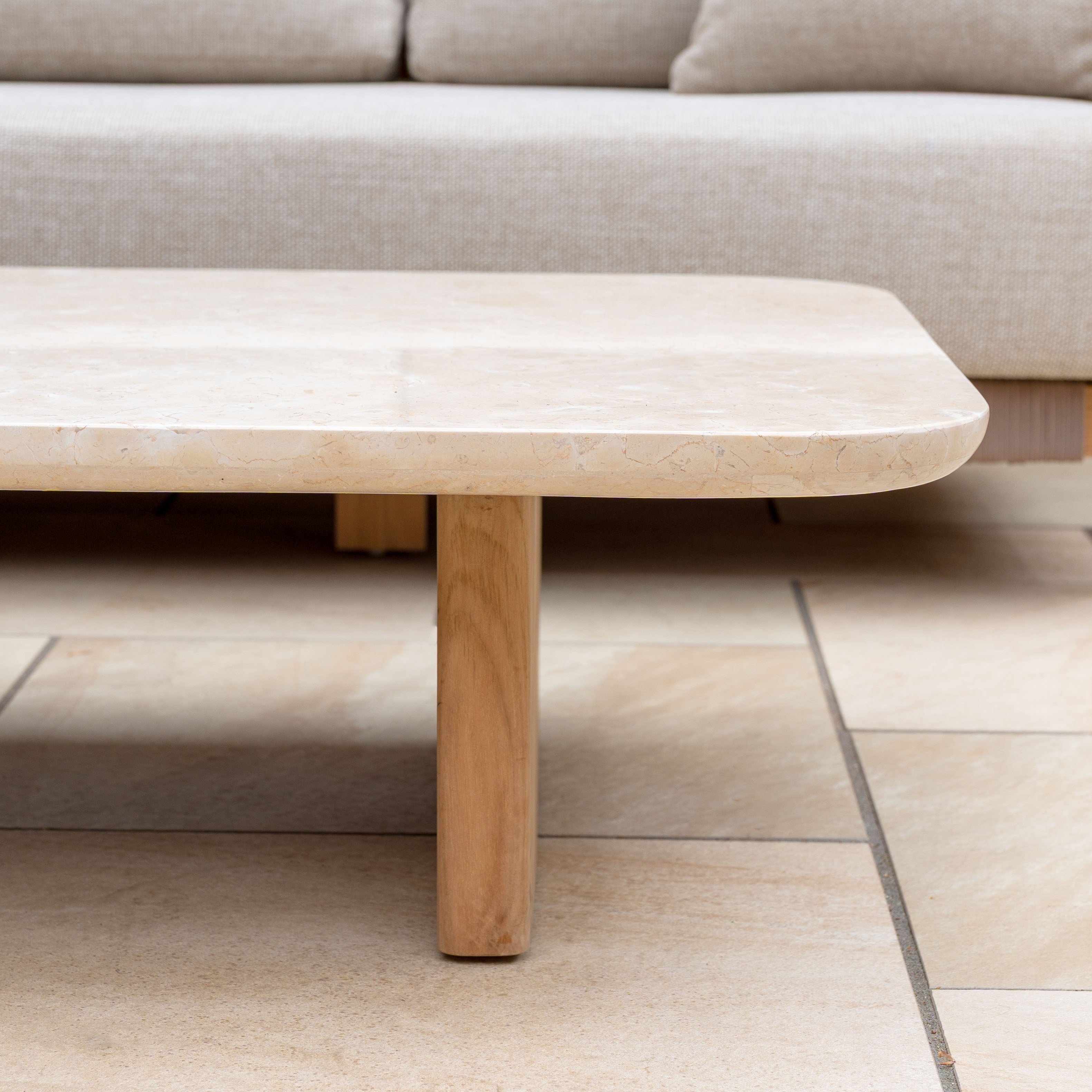 Tivoli 3 Seat Sofa Set with Marble Coffee Table in Fawn featuring a rectangular marble tabletop and teak wood legs, displayed on a tiled floor.