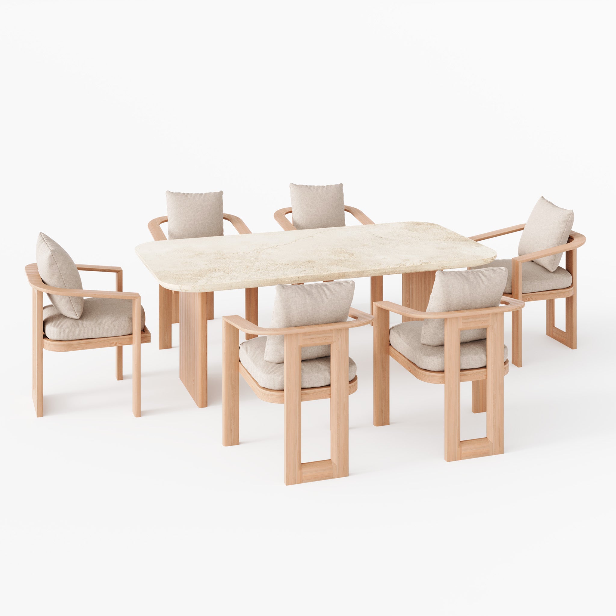 The Tivoli 6 Seat Dining Set with Marble Dining Table in Fawn includes a chic rectangular stone table, six teak wood chairs, and cozy beige cushions, all set against a pristine white background.