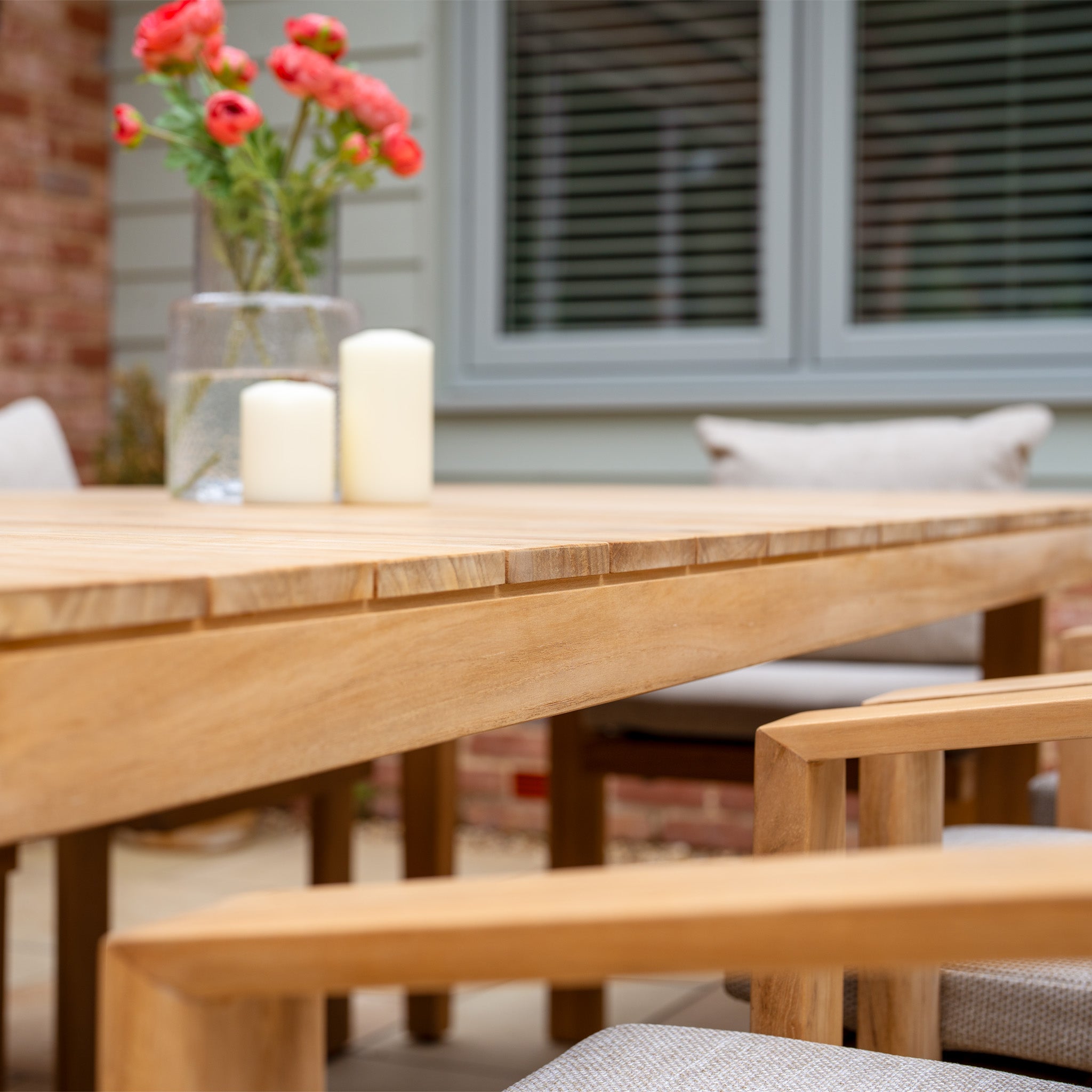 The Tivoli 8 Seat Dining Set with Teak Dining Table in Fawn features cushioned chairs with UV resistant cushions—ideal for outdoor gatherings and elegant dining.