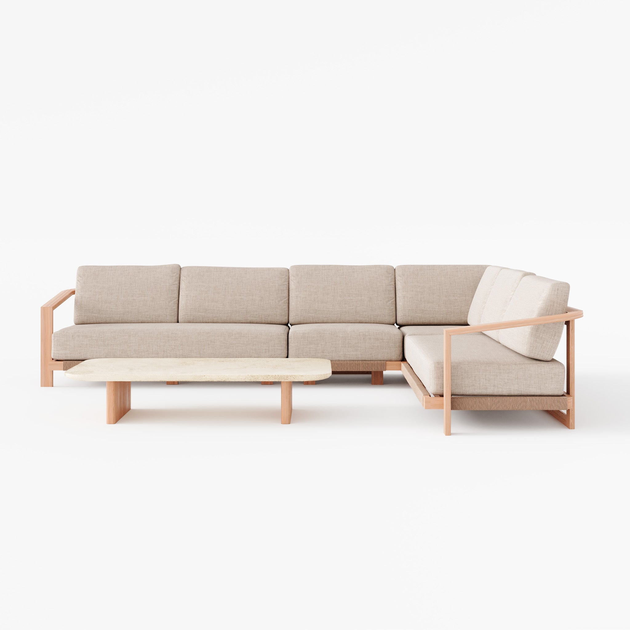 The Tivoli Large Corner Set in Fawn includes an L-shaped sofa with a teak wood frame and armrests, complemented by a matching marble coffee table.