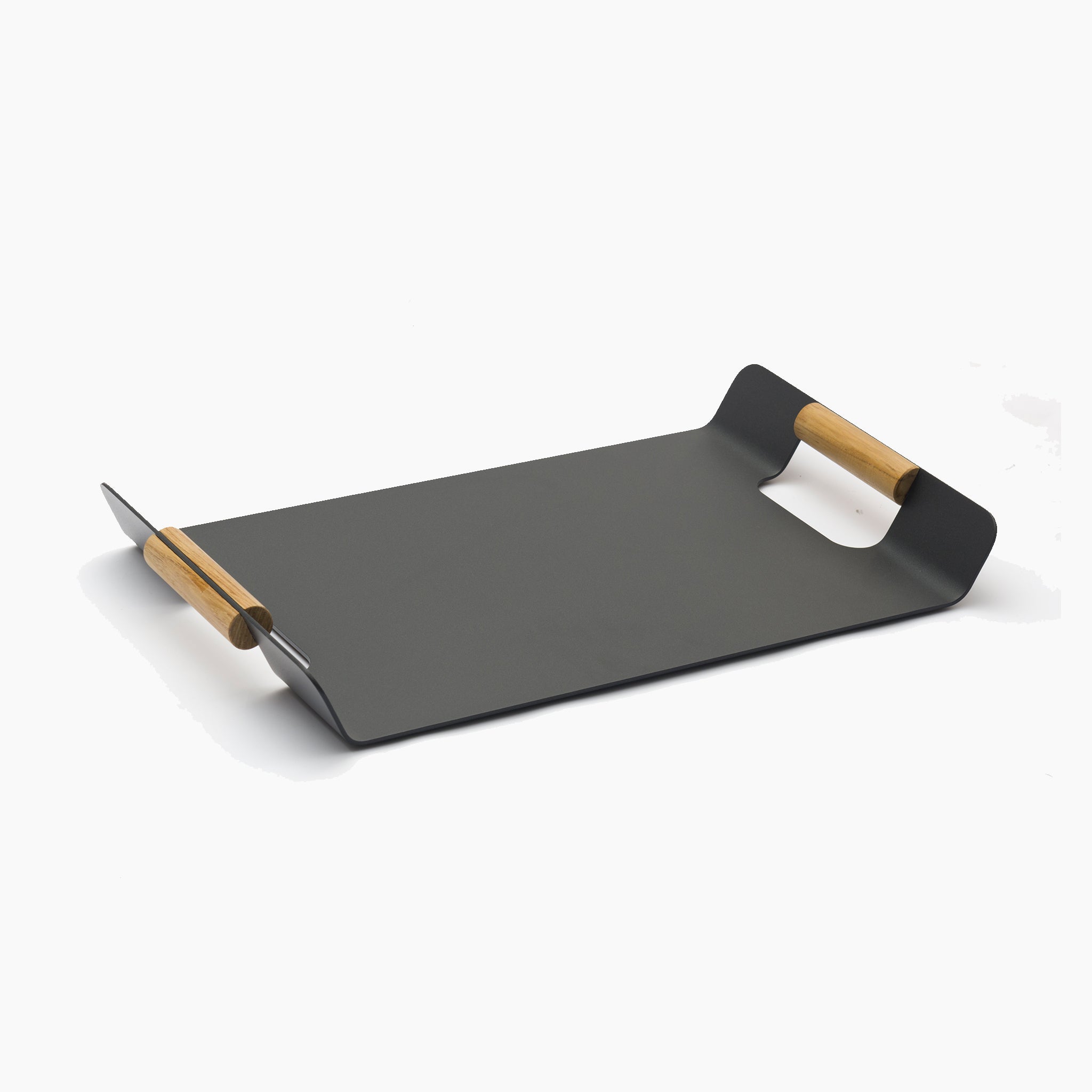 Introducing the FREE Tracy Serving Tray in Charcoal, featuring minimalist metal design with teak handles. Its elegant style beautifully enhances your garden furniture or outdoor space while standing out against a white background.