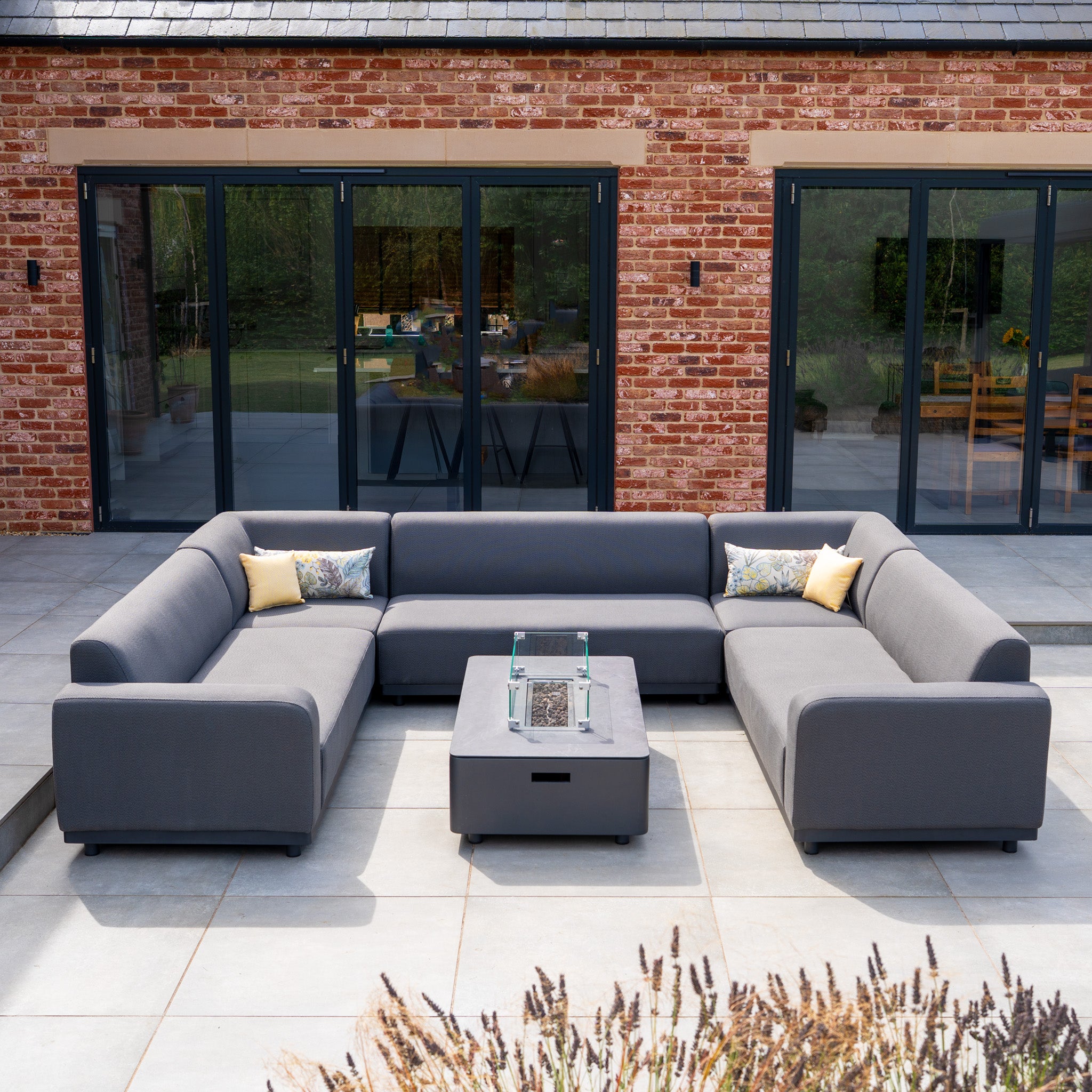 Luna U-Shape Outdoor Fabric Sofa Set with Firepit Coffee Table in Grey
