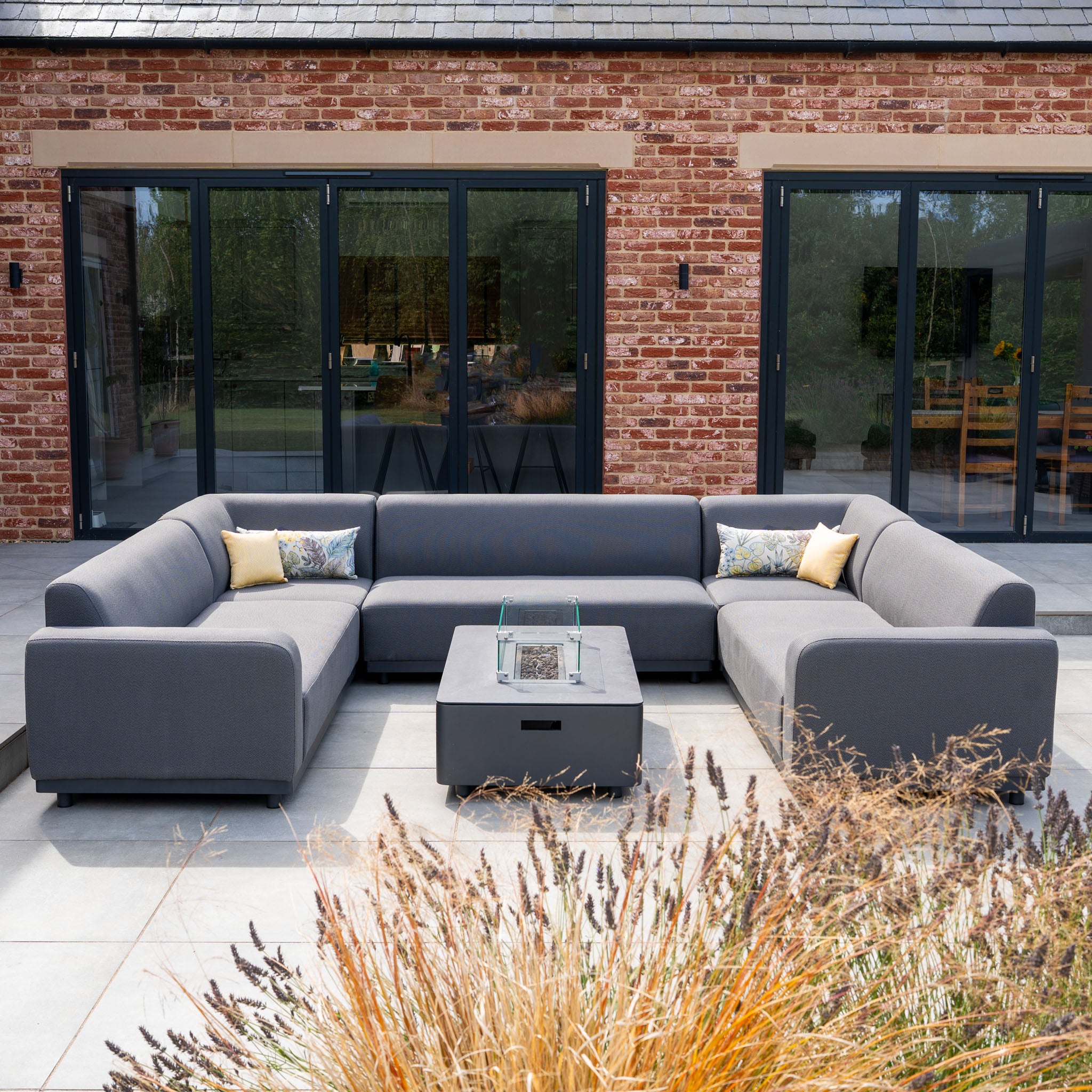 Luna U-Shape Outdoor Fabric Sofa Set with Firepit Coffee Table in Grey