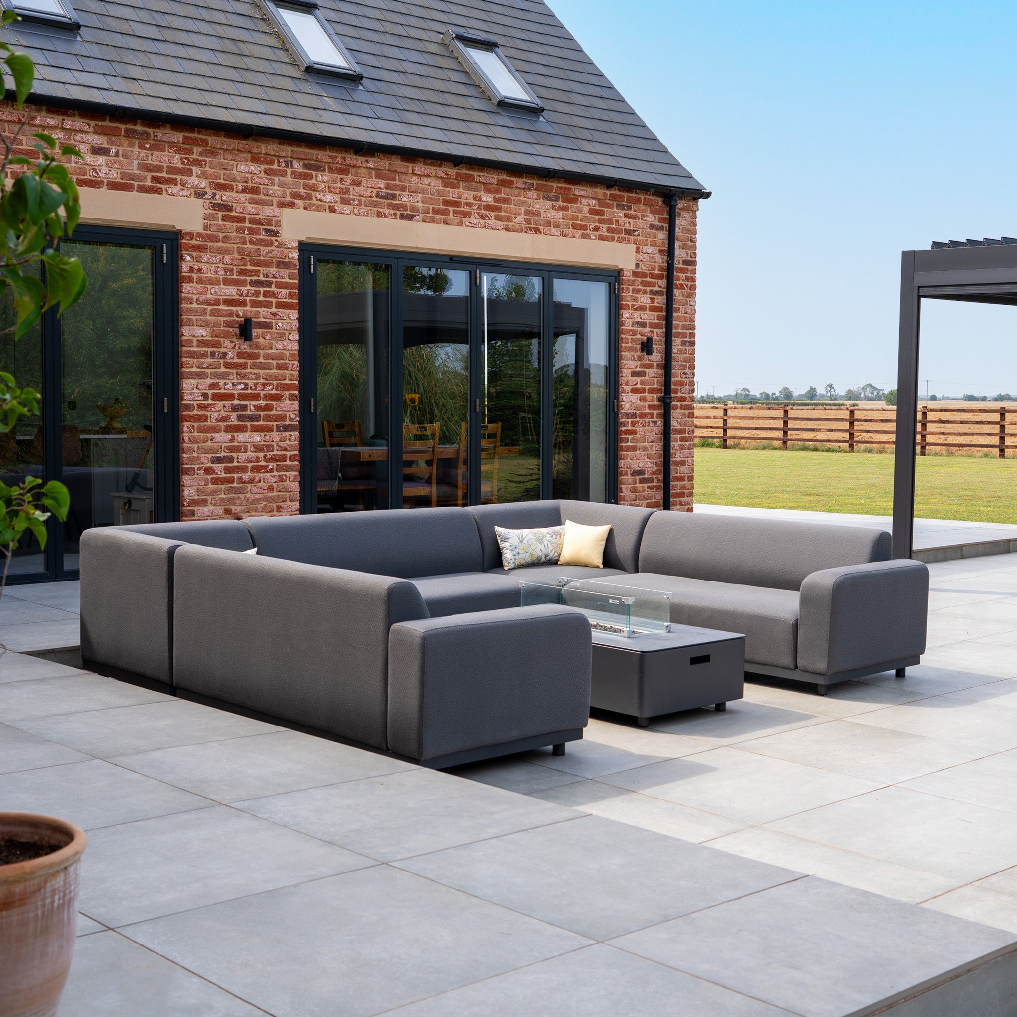 Luna U-Shape Outdoor Fabric Sofa Set with Firepit Coffee Table in Grey