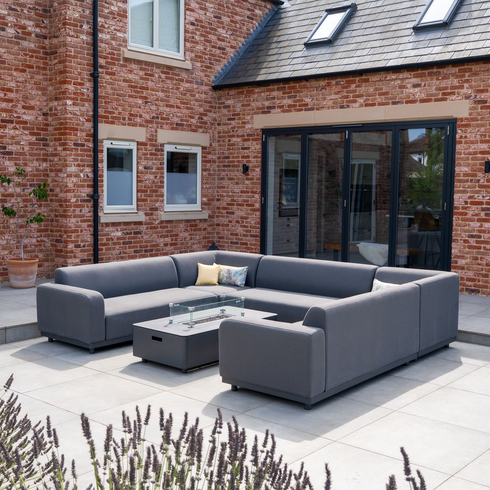 Luna U-Shape Outdoor Fabric Sofa Set with Firepit Coffee Table in Grey