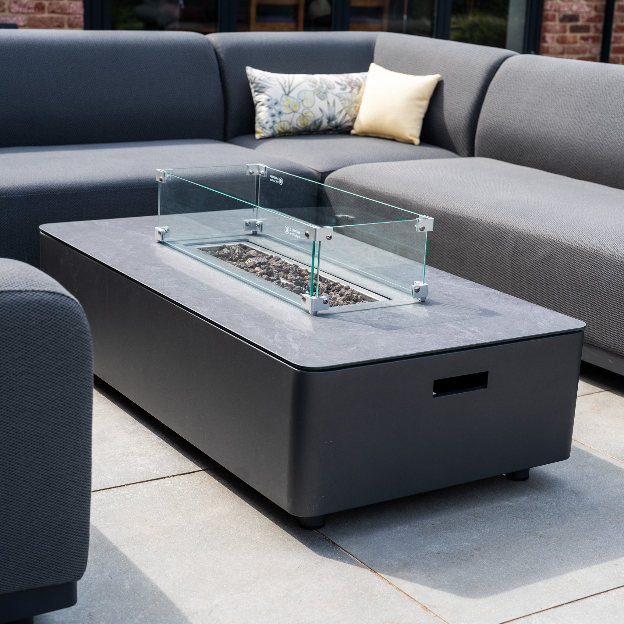 Luna U-Shape Outdoor Fabric Sofa Set with Firepit Coffee Table in Grey