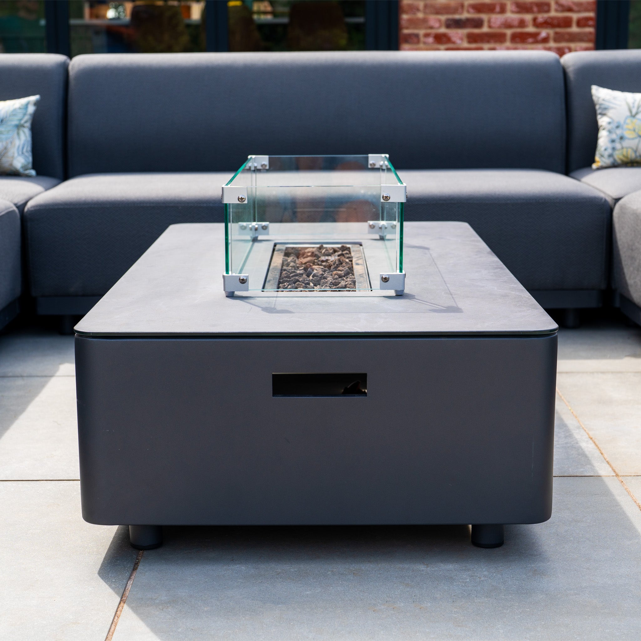 Luna U-Shape Outdoor Fabric Sofa Set with Firepit Coffee Table in Grey