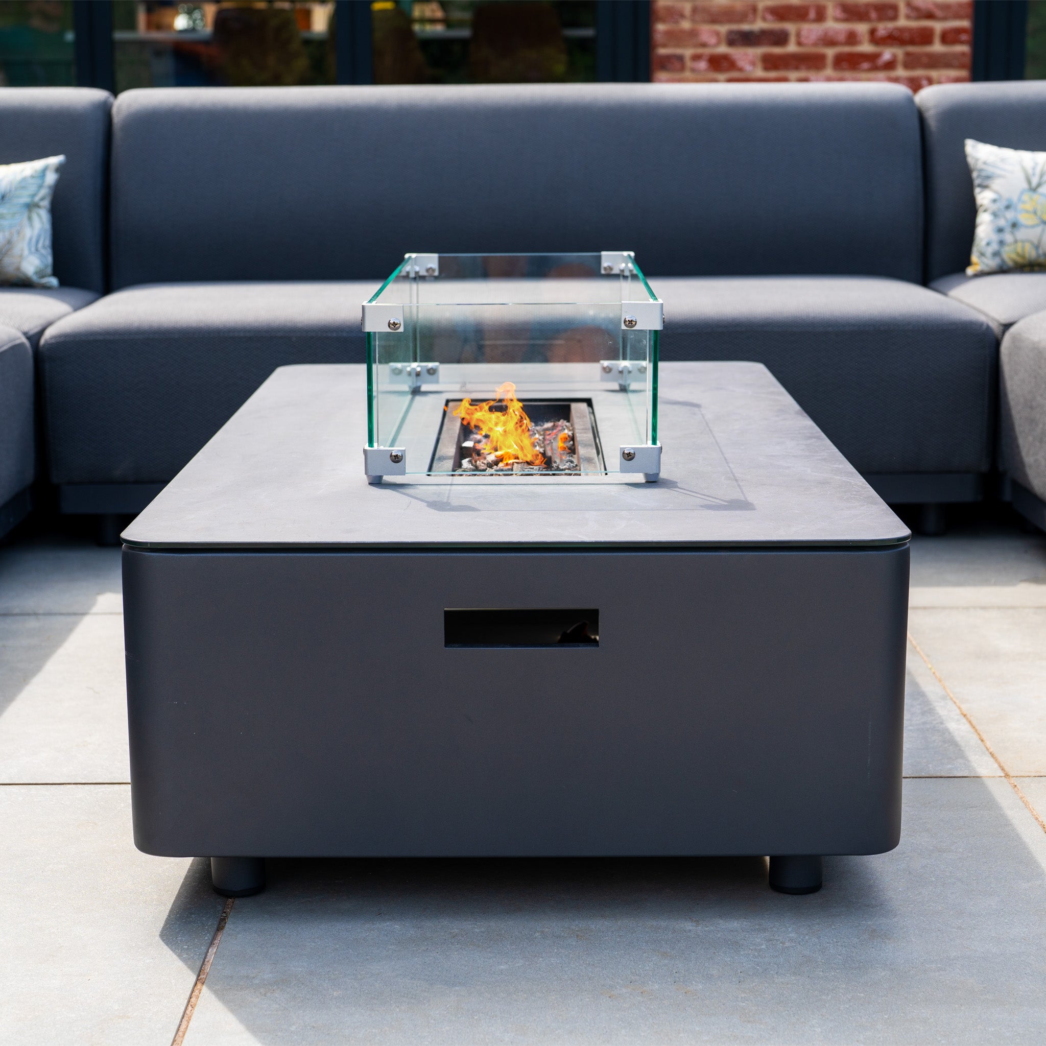 Luna U-Shape Outdoor Fabric Sofa Set with Firepit Coffee Table in Grey