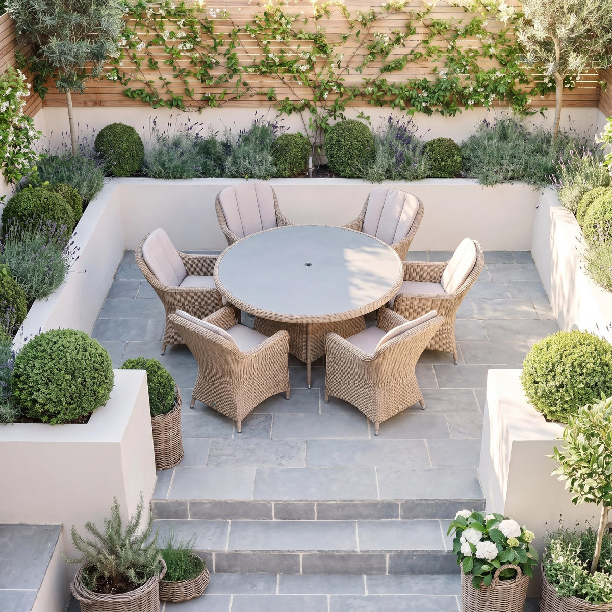 a patio with a table and chairs