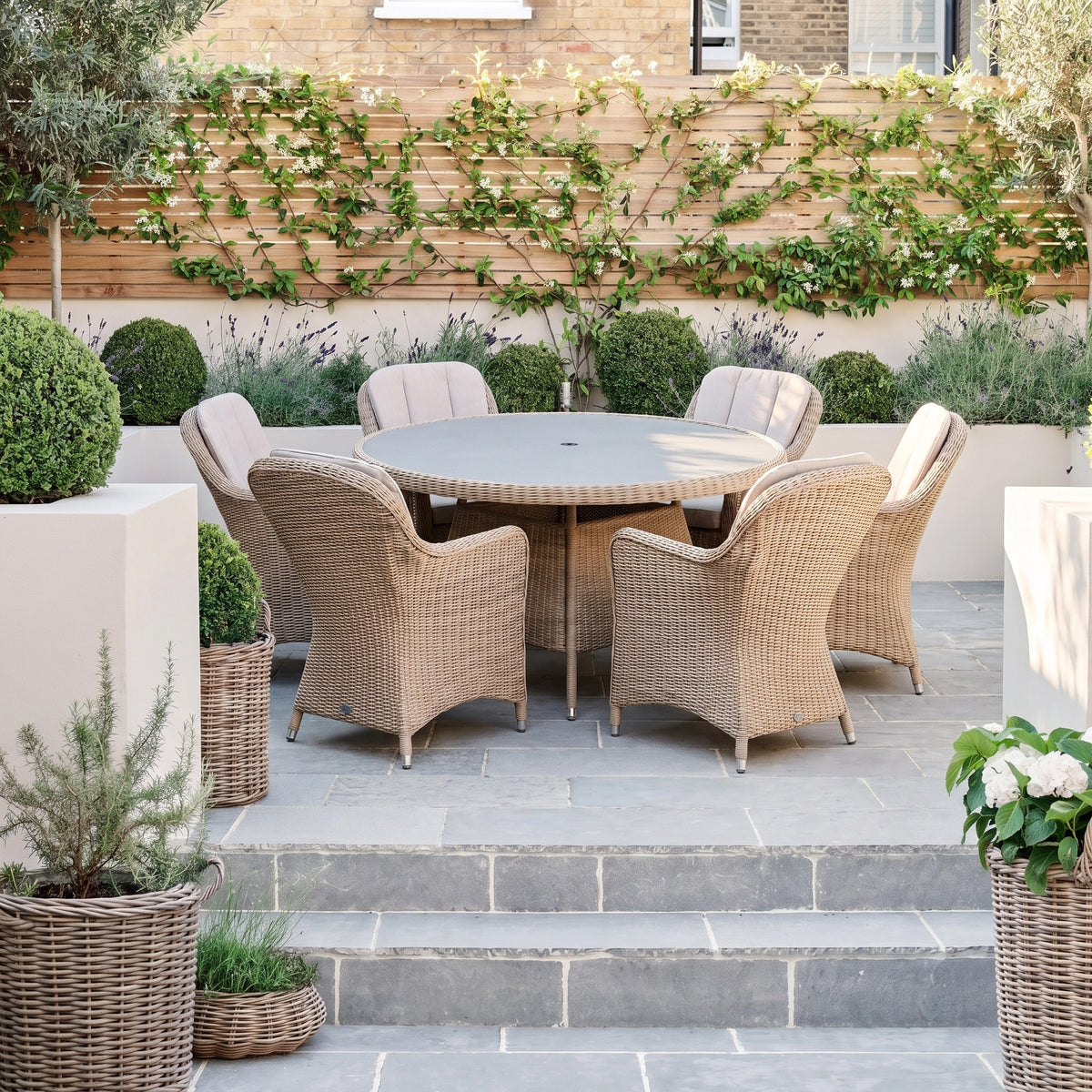 a table and chairs on a patio