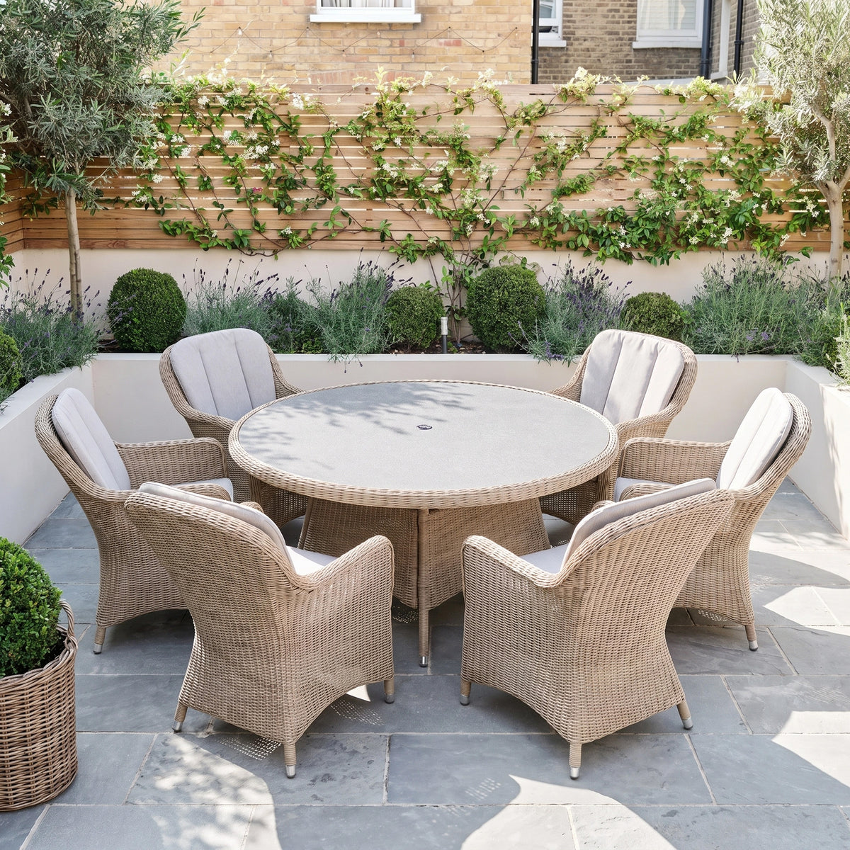 a table and chairs on a patio
