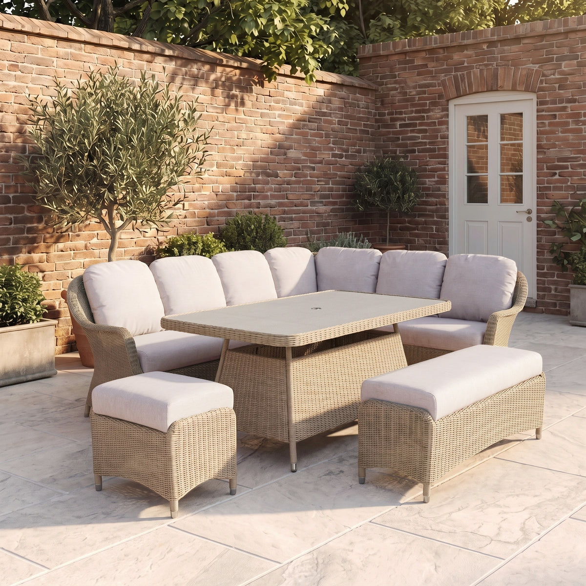 a patio with a table and chairs