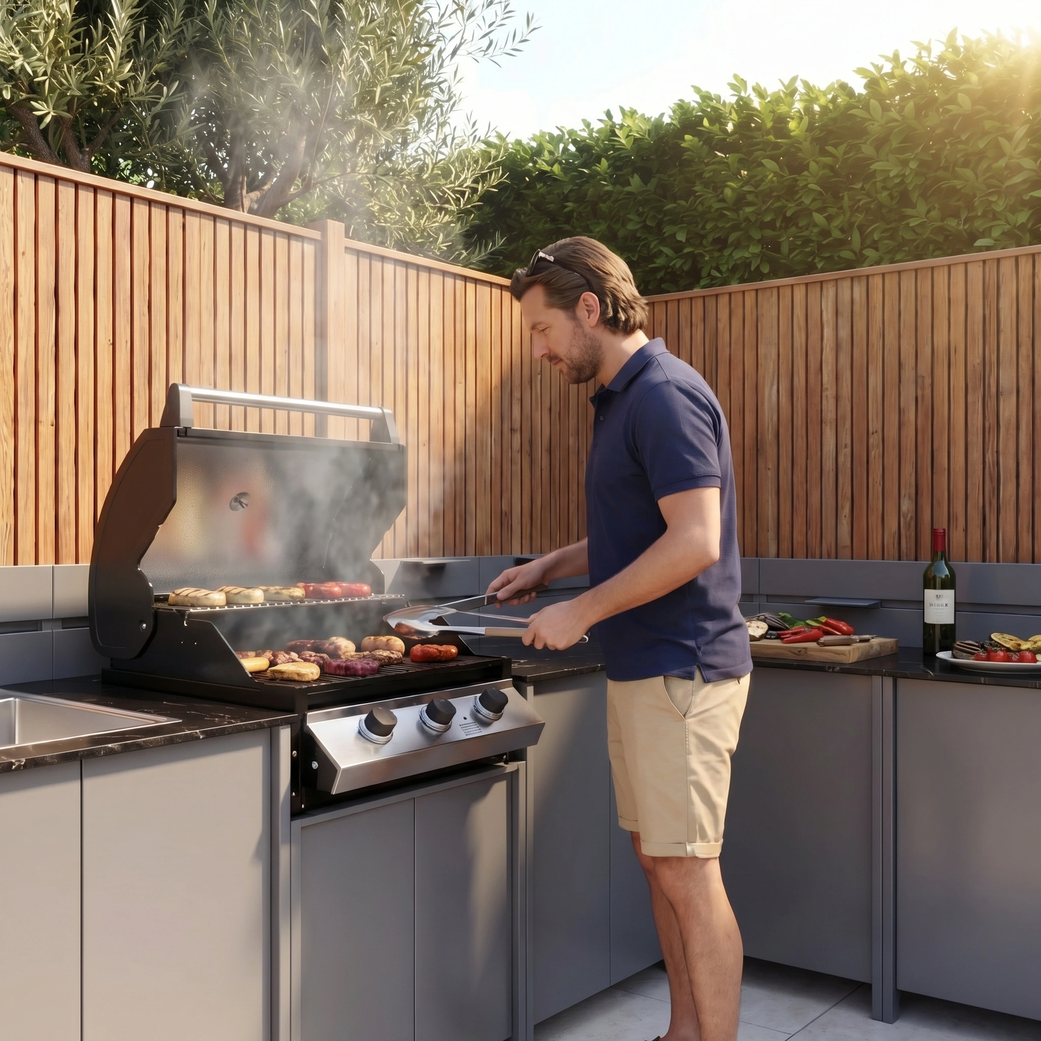 A man grills assorted food on a Vesta Modular Corner Outdoor Kitchen with Beefeater 1200E in Grey in a sunny backyard, surrounded by veggies and wine—ideal for alfresco dining.