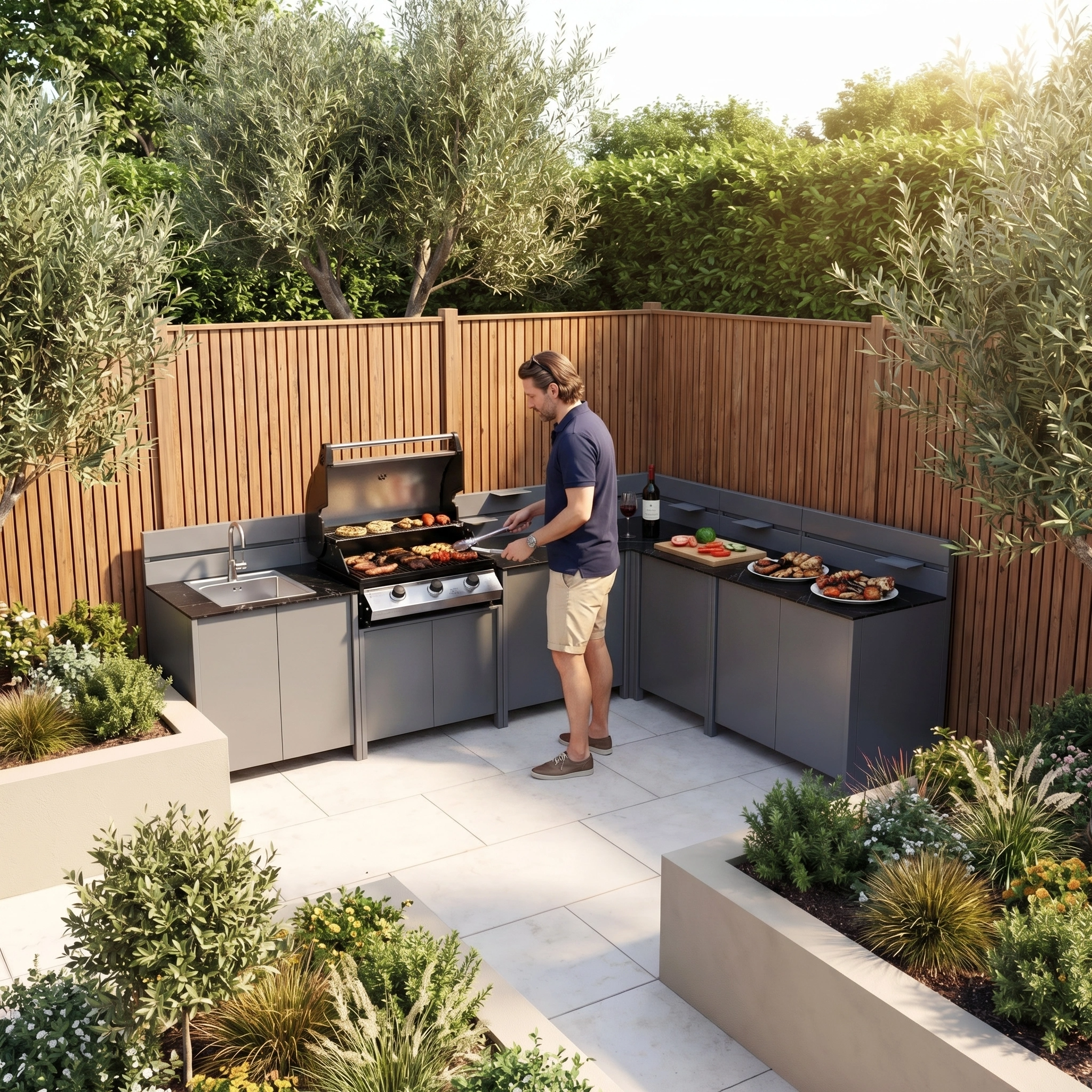 A man grills on a Vesta Modular Corner Outdoor Kitchen with Beefeater 1200E in Grey, surrounded by lush plants and wooden fencing—ideal for alfresco dining.