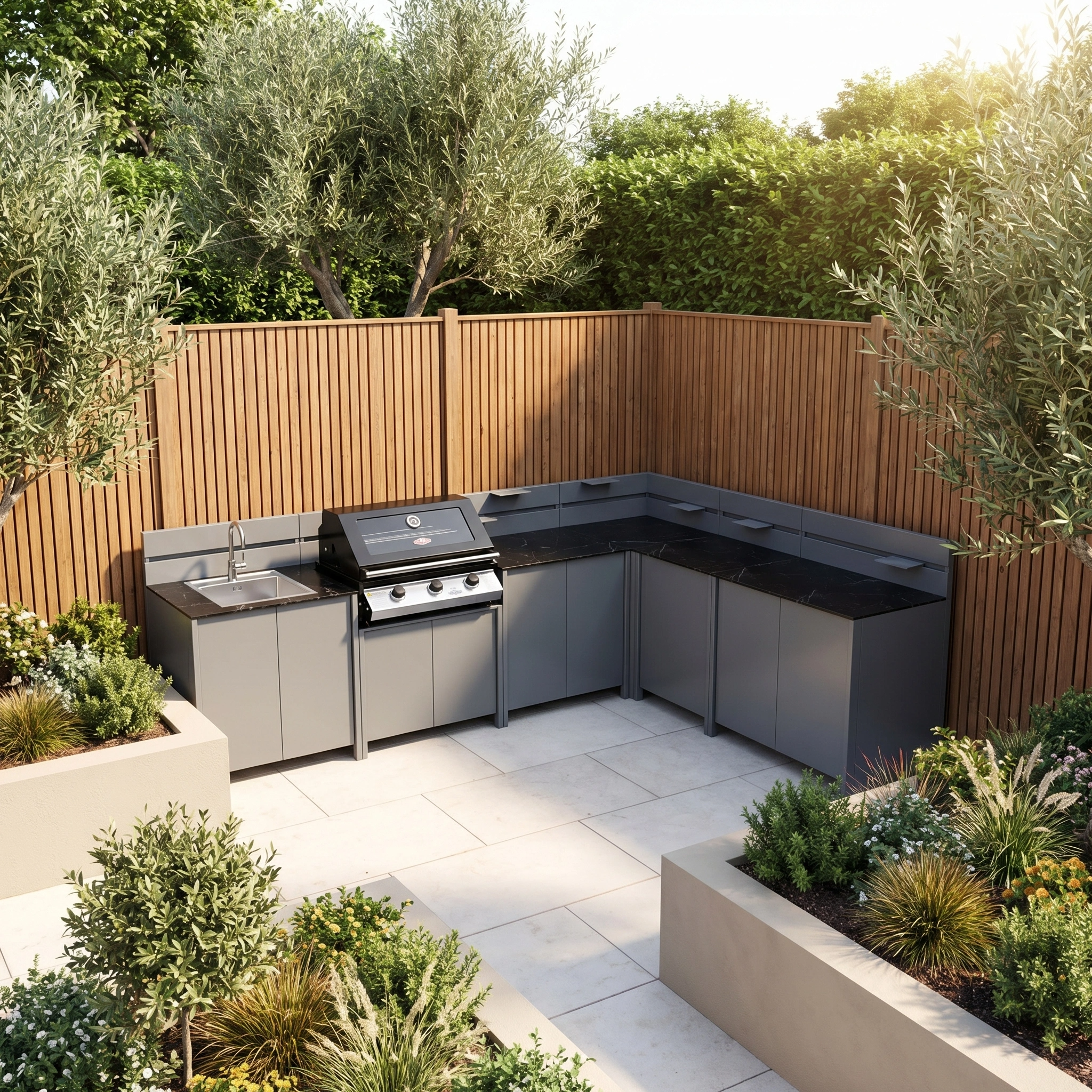 The Vesta Modular Corner Outdoor Kitchen with Beefeater 1200E in Grey features a grill, sink, and grey cabinets—ideal for outdoor dining—set amid lush plants and wooden fencing.