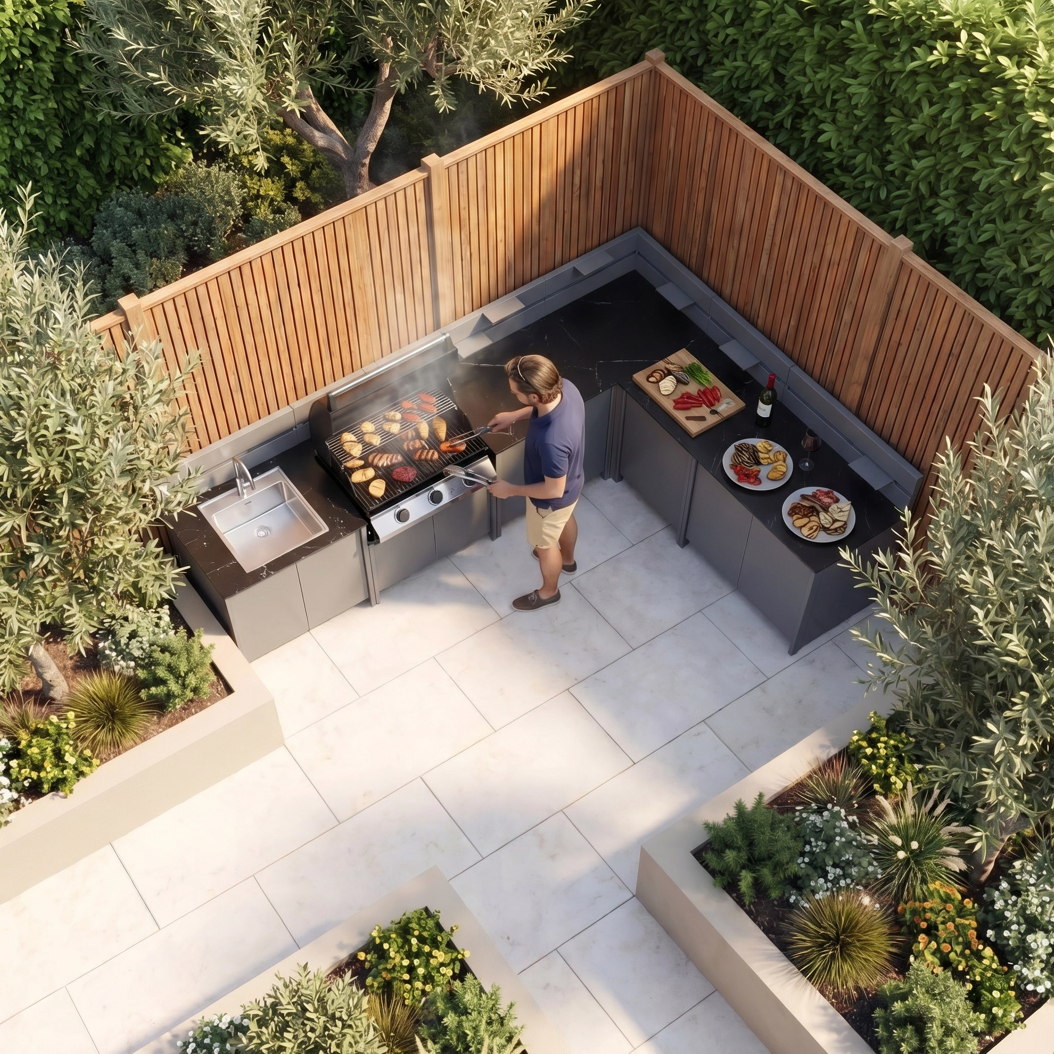 A person grills on the Vesta Modular Corner Outdoor Kitchen with Beefeater 1200E in Grey, set in a modern space with lush plants and a wooden fence—ideal for alfresco dining.