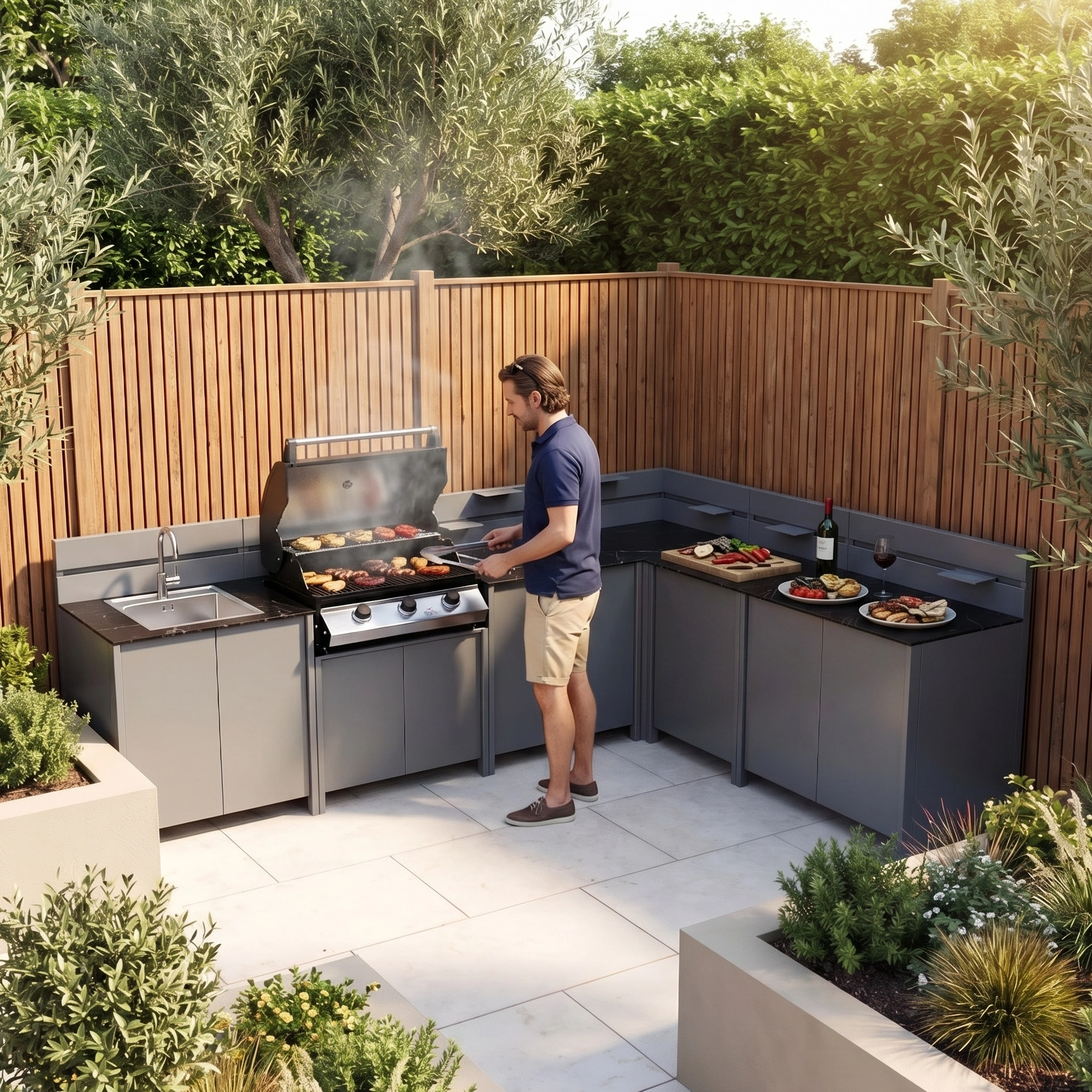 Vesta Modular Corner Outdoor Kitchen with Beefeater 1200E in Grey, featuring a built-in grill, countertop and sink set into a corner outdoor kitchen unit.