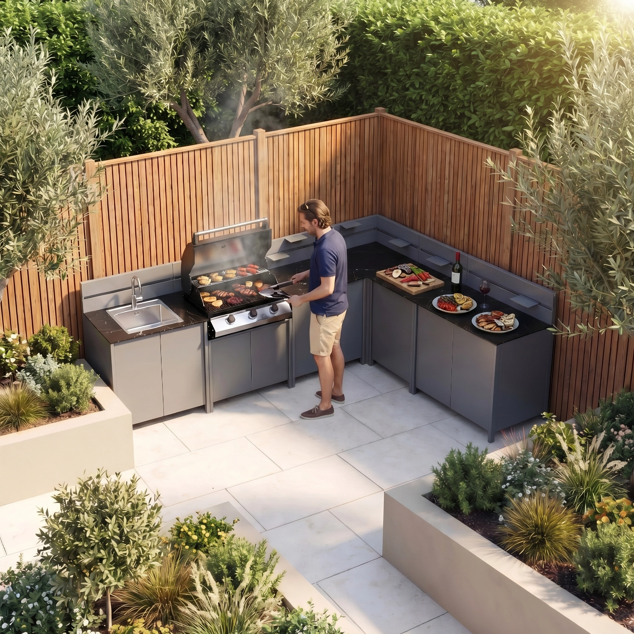 A man grills on the Vesta Modular Corner Outdoor Kitchen with Beefeater 1200E in Grey, set in a modern outdoor space with lush greenery and wooden fencing—ideal for relaxed alfresco dining.