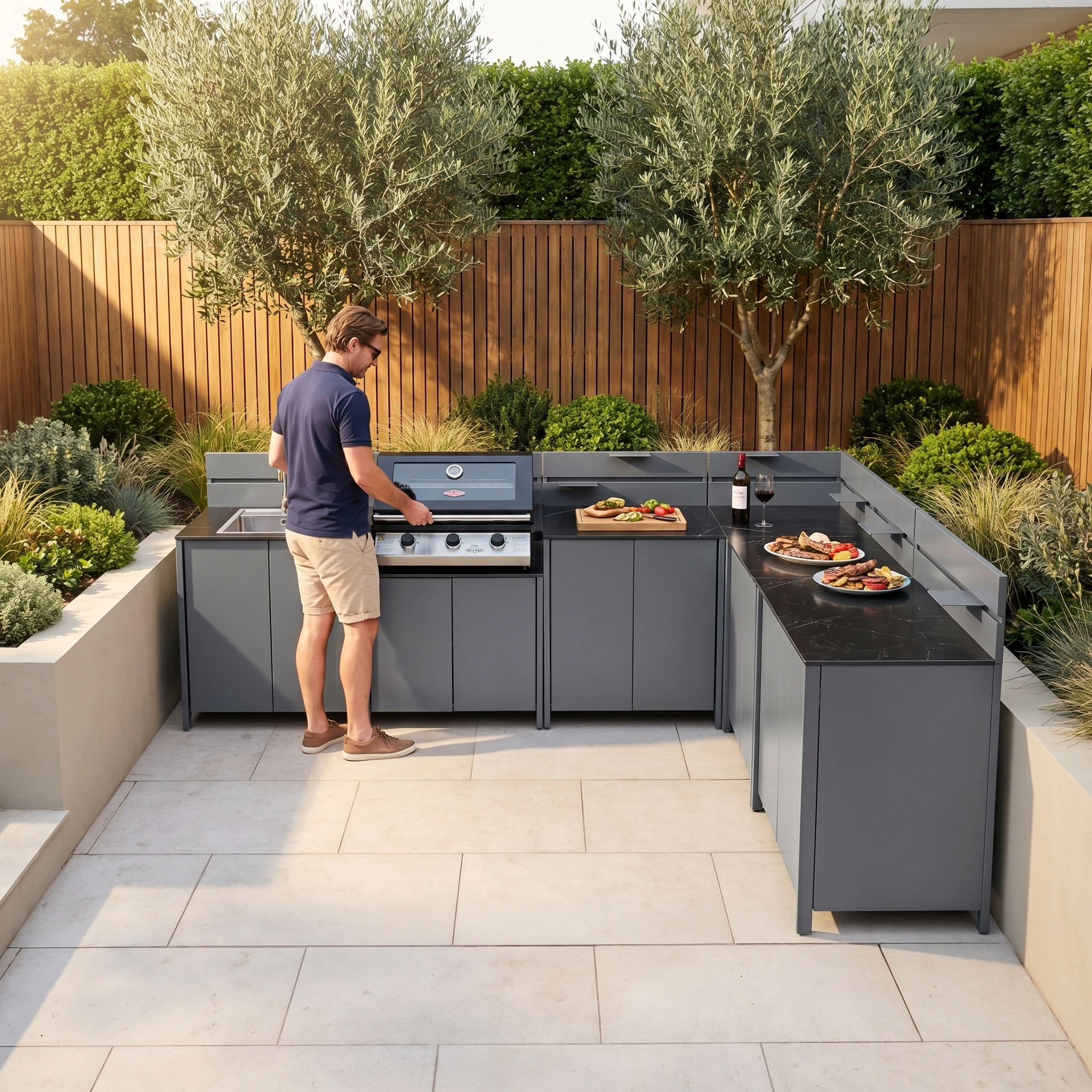 A man grills on the Vesta Modular Corner Outdoor Kitchen with Beefeater 1200E in Grey, surrounded by greenery and prepared dishes, creating the perfect alfresco dining setting.