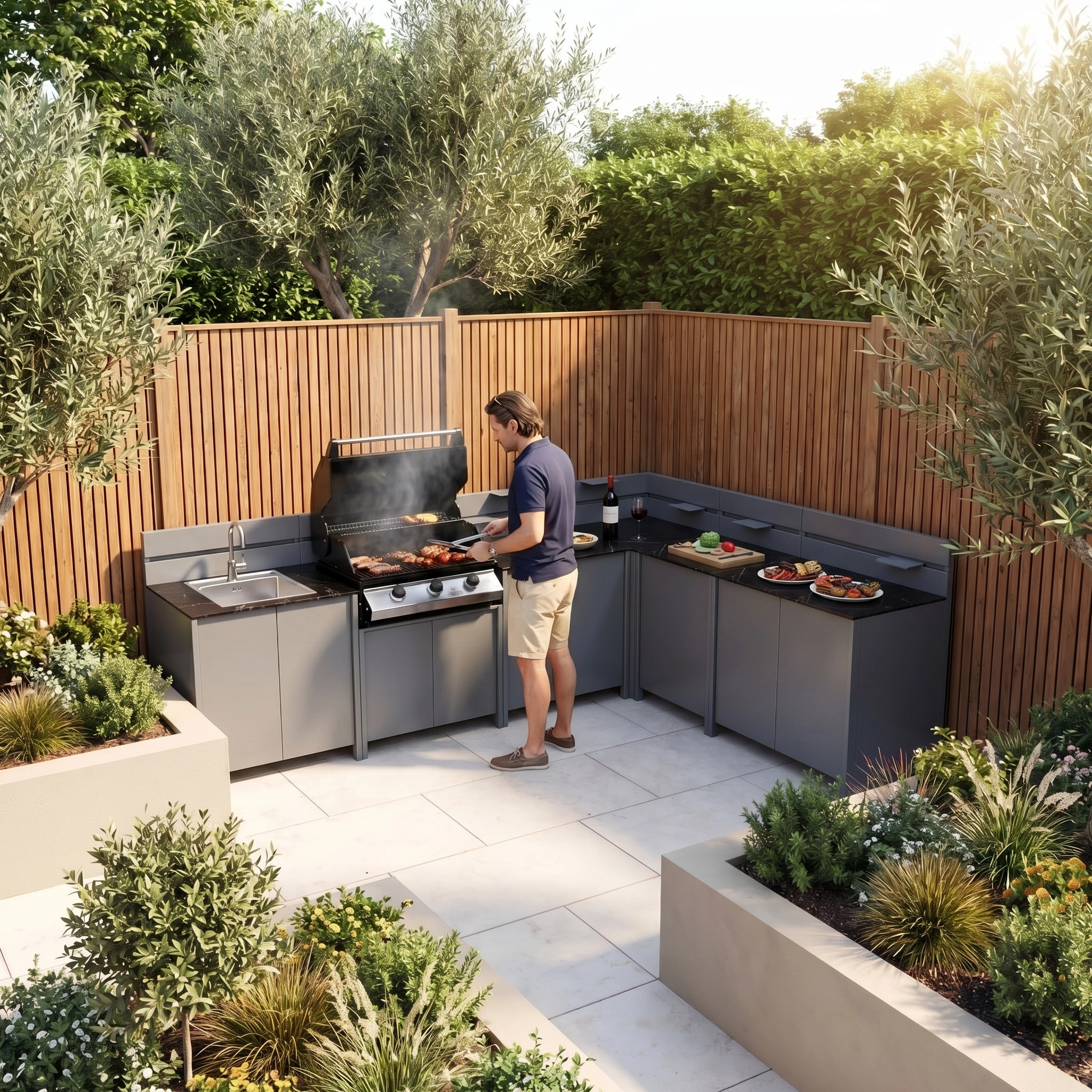A man grills in his Vesta Modular Corner Outdoor Kitchen with Beefeater 1200E in Grey, surrounded by plants and wooden fencing—perfect for relaxed alfresco dining on a sunny day.
