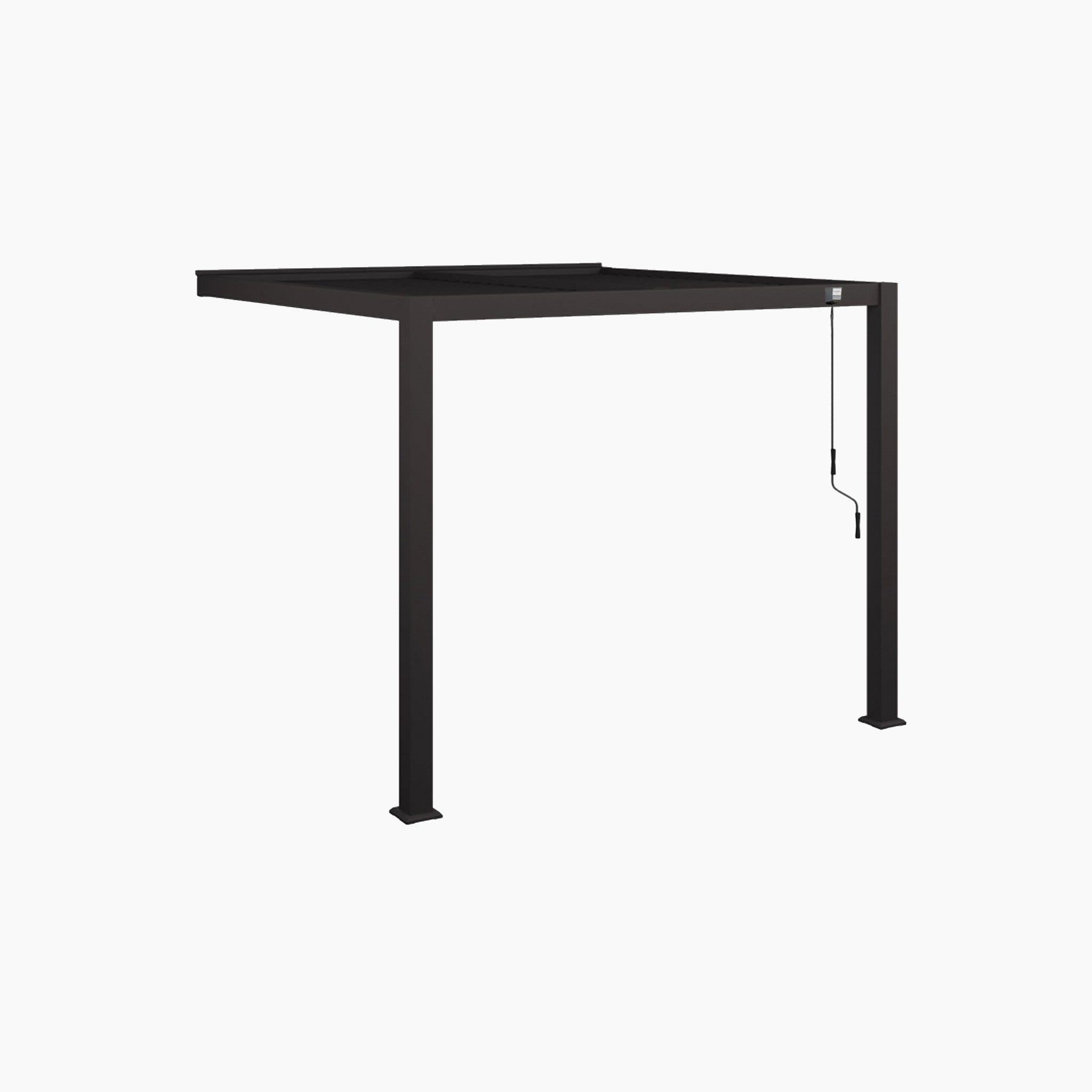 The PergoSTET Plus Frame Only 3m x 3m Square Wall Mounted Pergola features a modern grey metal design, flat roof, hand-crank mechanism on one leg, and integrated LED lighting.