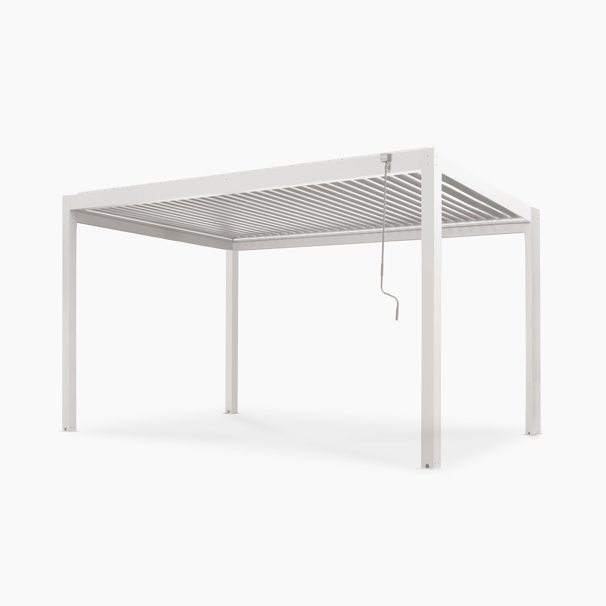The PergoSTET Plus 3m x 4m Rectangular Pergola in white features LED lighting, a tilting slatted roof, and a crank handle, shown against a plain background.