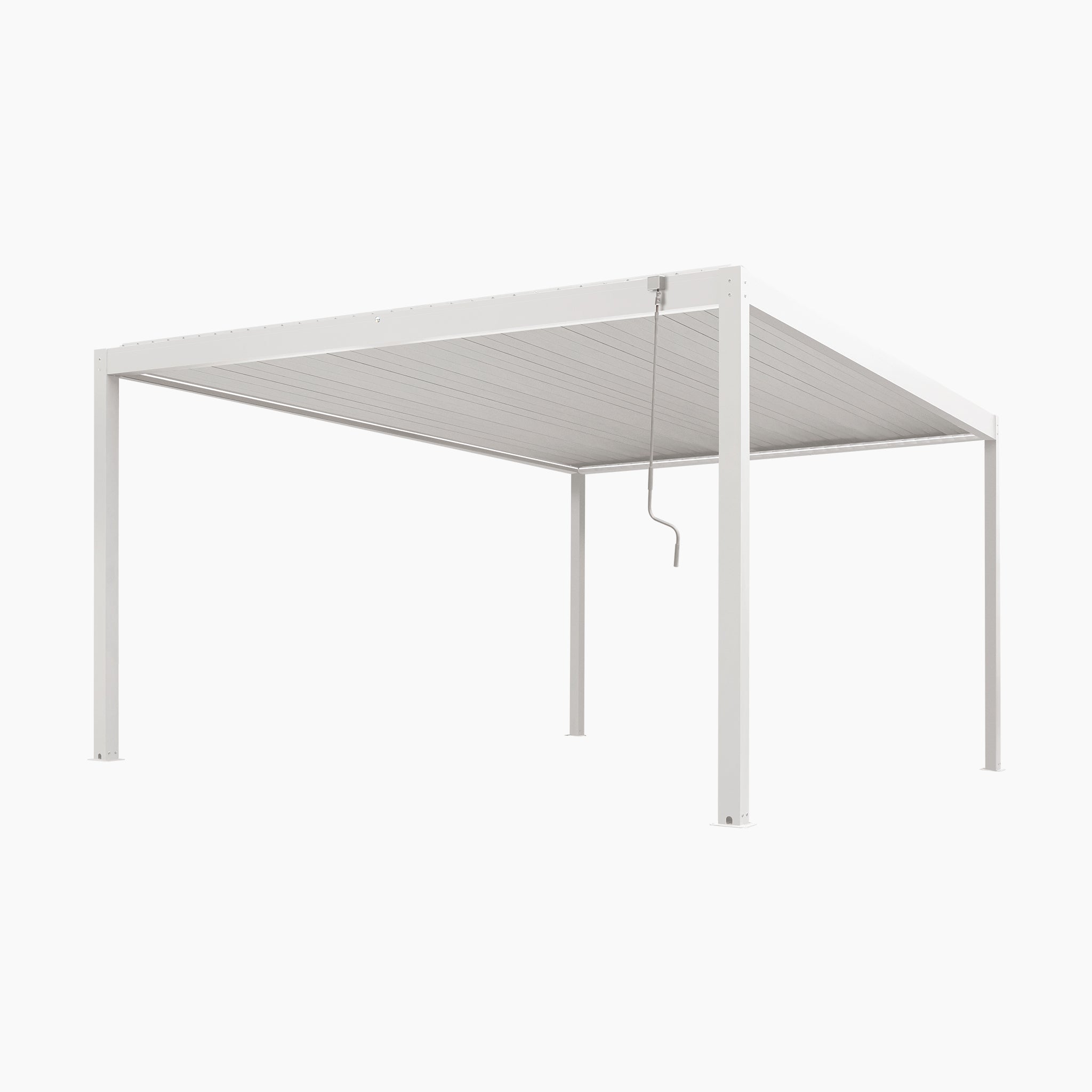 The PergoSTET Plus Frame Only 4m x 4m Square Pergola in white features a flat louvred roof with crank handle adjustment, integrated LED lighting, and a discreet drainage system.