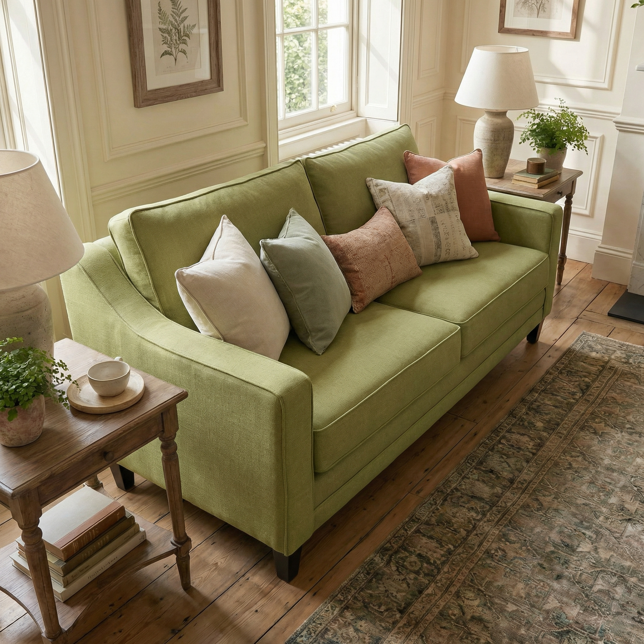 Wiltshire 2 Seat Sofa in Olive, styled with assorted pillows, set in a cozy, sunlit living room featuring wooden floors and classic decor.