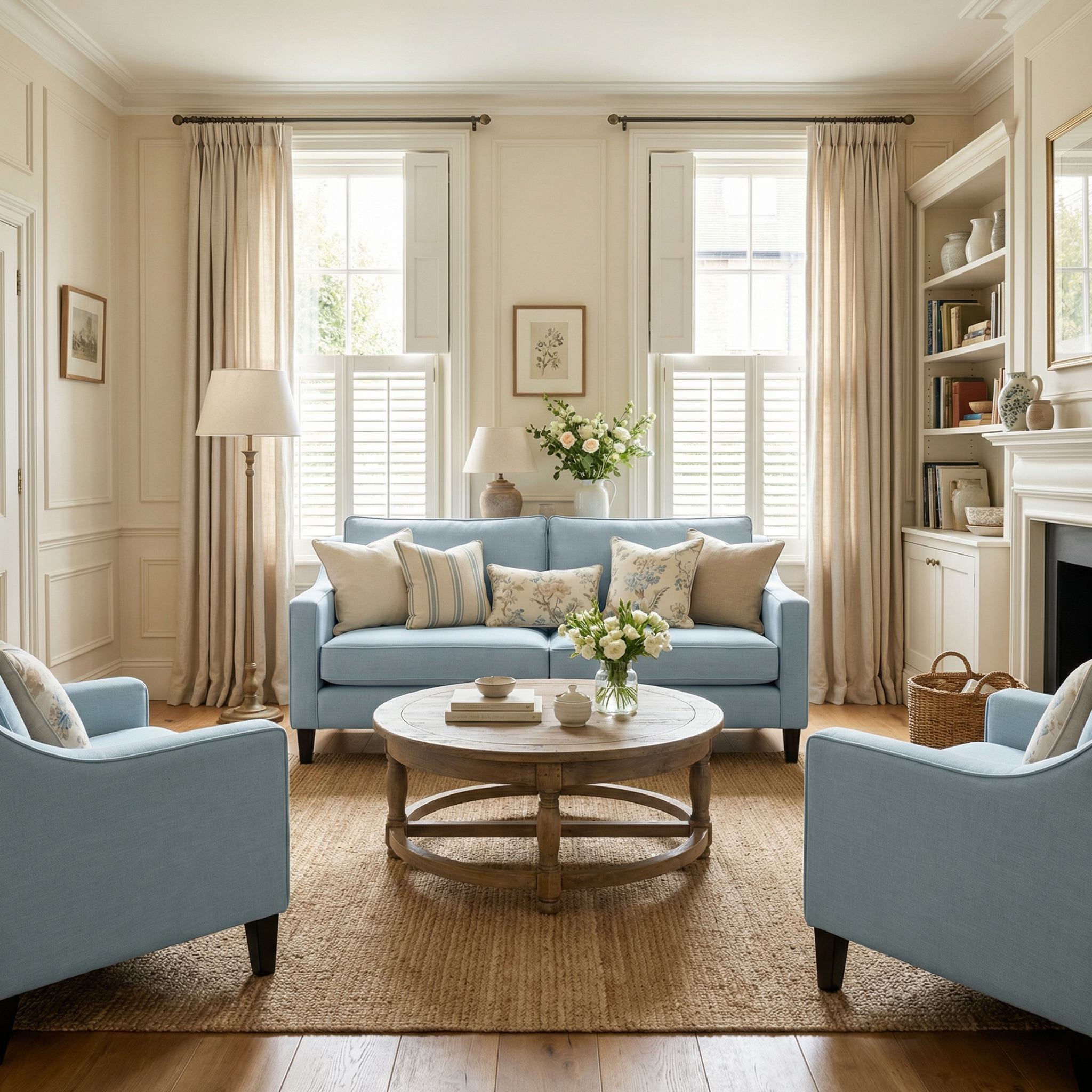 Bright living room featuring the Wiltshire 2 Seat Sofa in Sky Blue, handmade in England, paired with a round wooden coffee table, fresh flowers, and beige curtains.