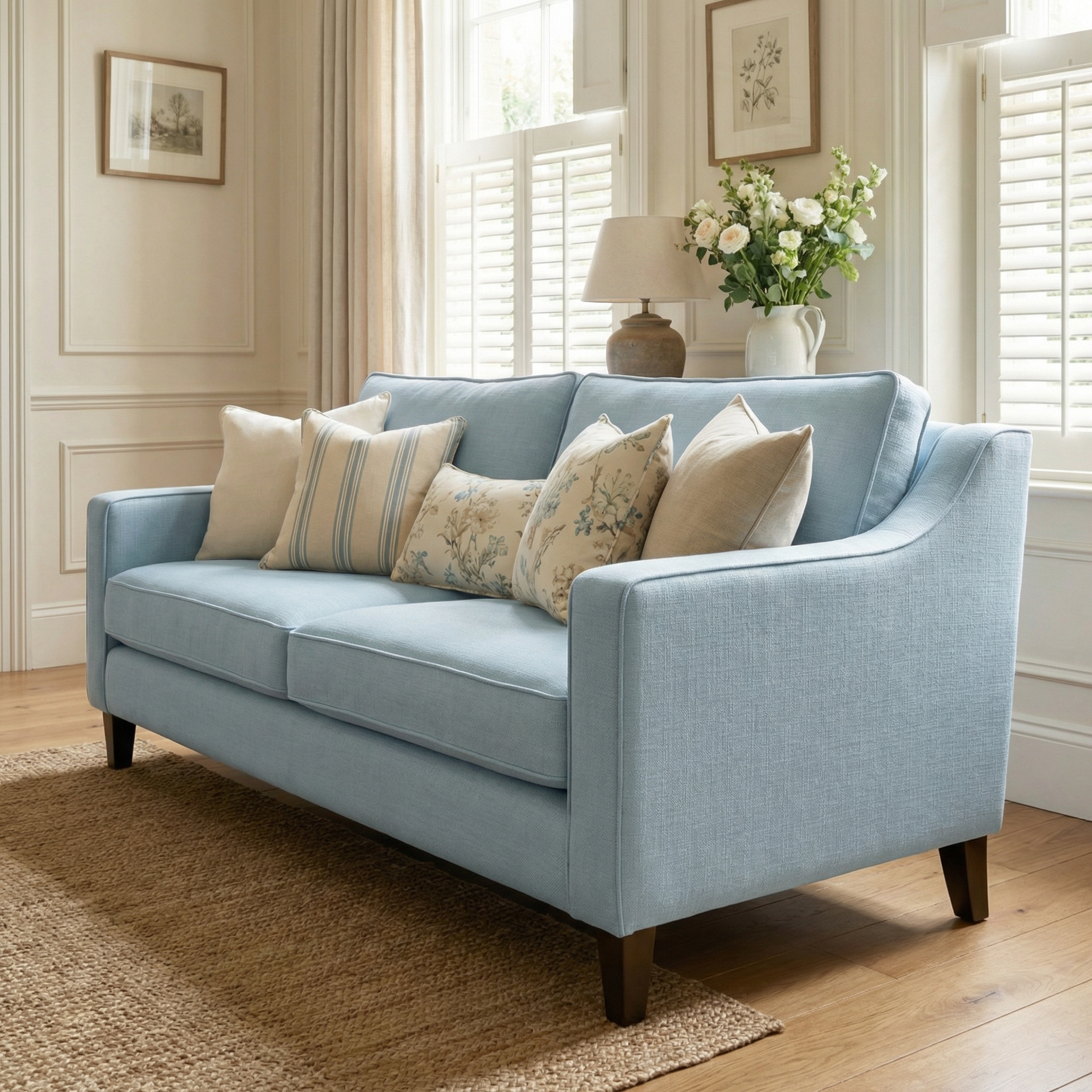 The Wiltshire 2 Seat Sofa in Sky Blue, featuring assorted pillows, sits in a bright living room with framed art and white shutters—handmade in England.