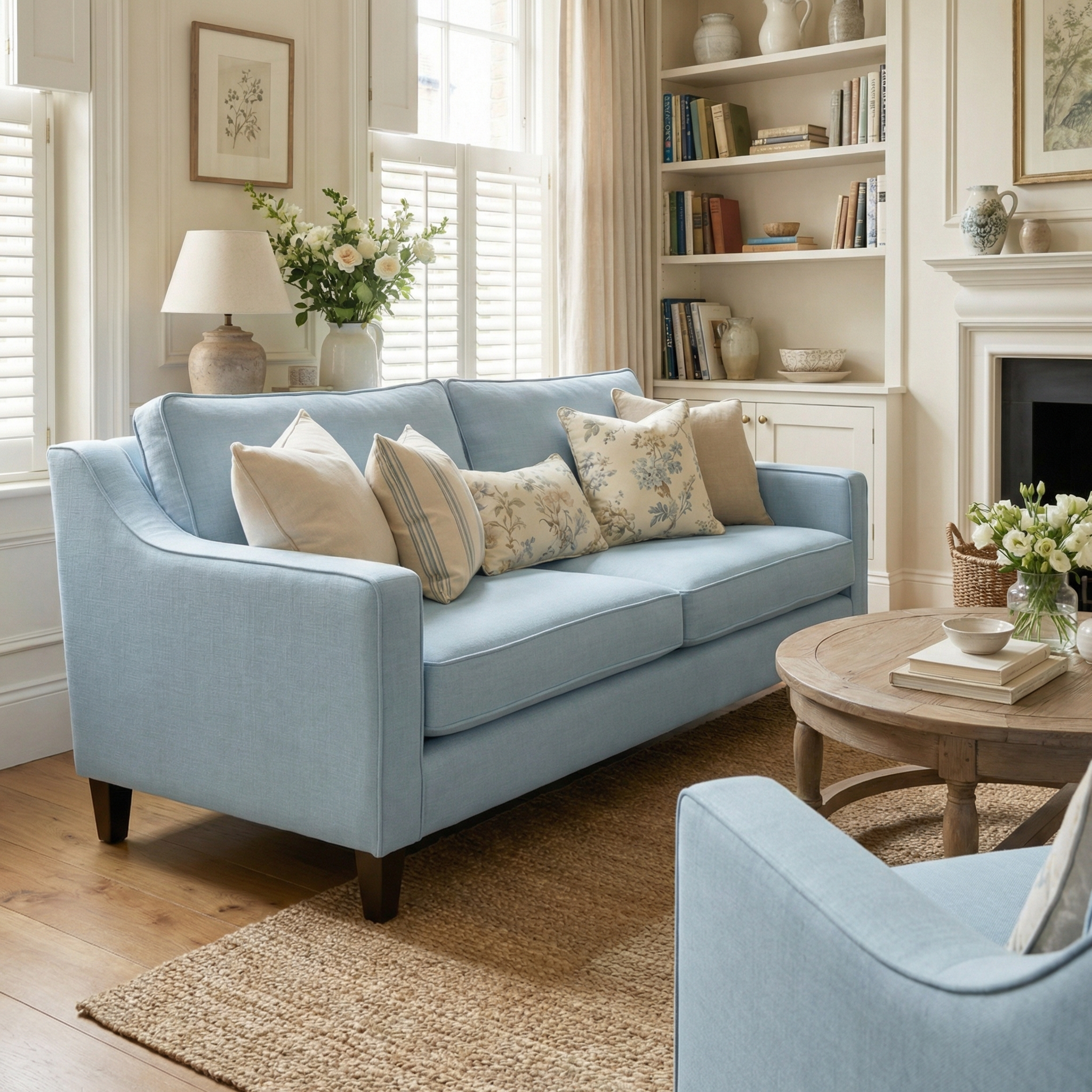 The Wiltshire 2 Seat Sofa in Sky Blue is handmade in England and features pastel cushions, complementing a cozy, sunlit living room with neutral decor and wooden furniture.