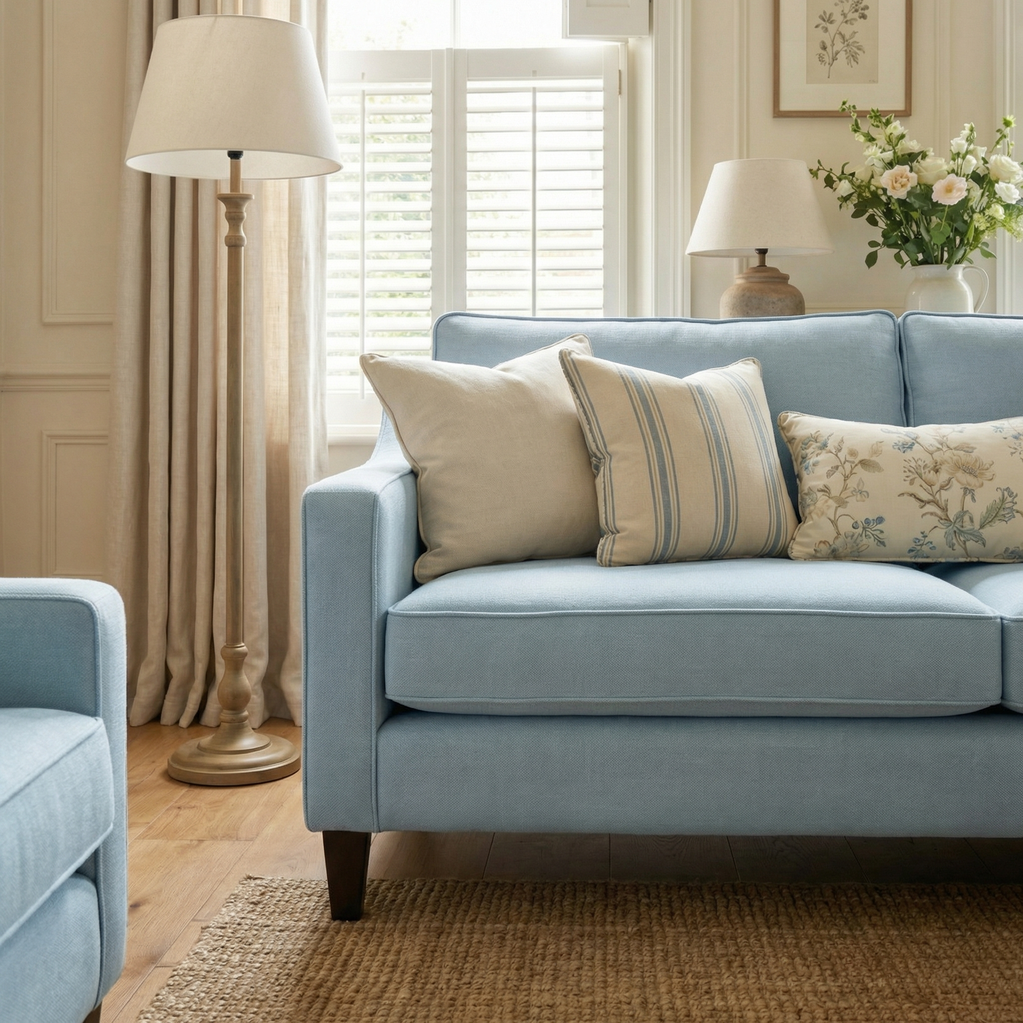 The Wiltshire 2 Seat Sofa in Sky Blue, handmade in England, features patterned cushions and sits beautifully in a cozy living room with a lamp, flowers, and ample natural light.