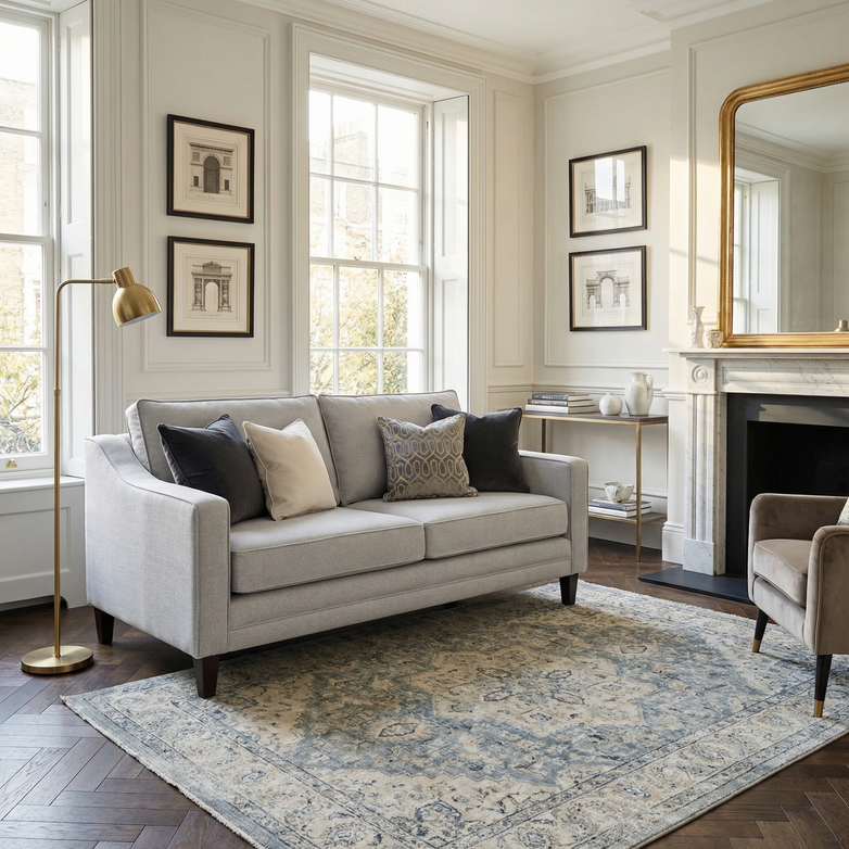 Bright living room featuring a Wiltshire 2 Seat Sofa in Warm Grey, accented with pillows, a patterned rug, gold lamp, and framed wall art.